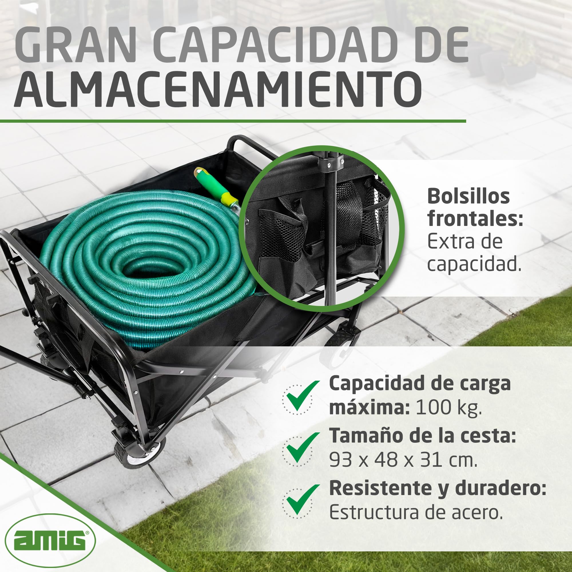 Amig - Carro Plegable Todoterreno - Tela Impermeable - Color Negro - Ruedas de Ø20cm 360º - Carga máx. 100kg - Carrito de Camping, Playa y Jardín