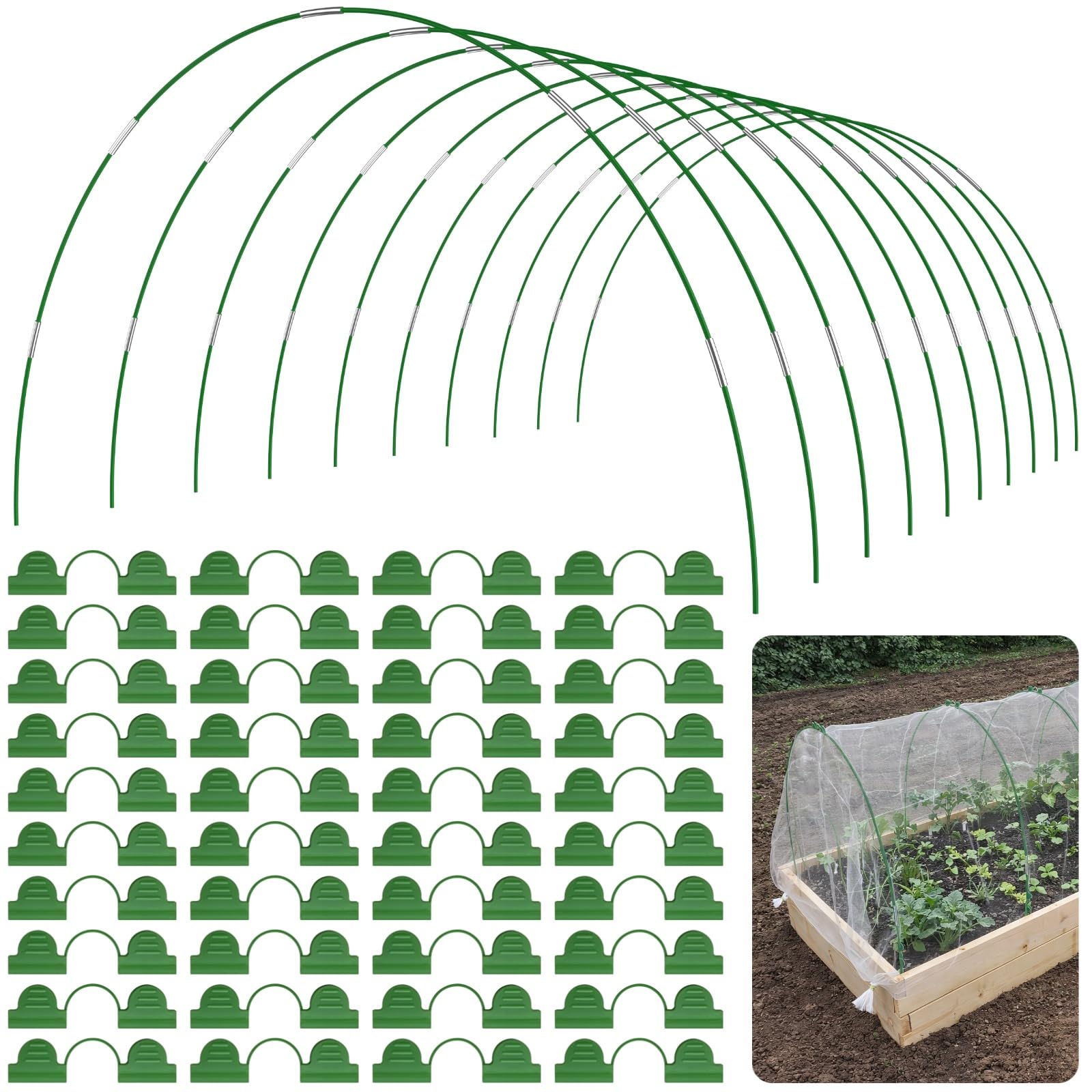 Kit de 60 aros de jardín de fibra de vidrio con 60 conectores y 40 clips, soportes de túnel de cultivo de plantas de 16.9 pulgadas de largo, soportes arqueados para camas elevadas, protección de