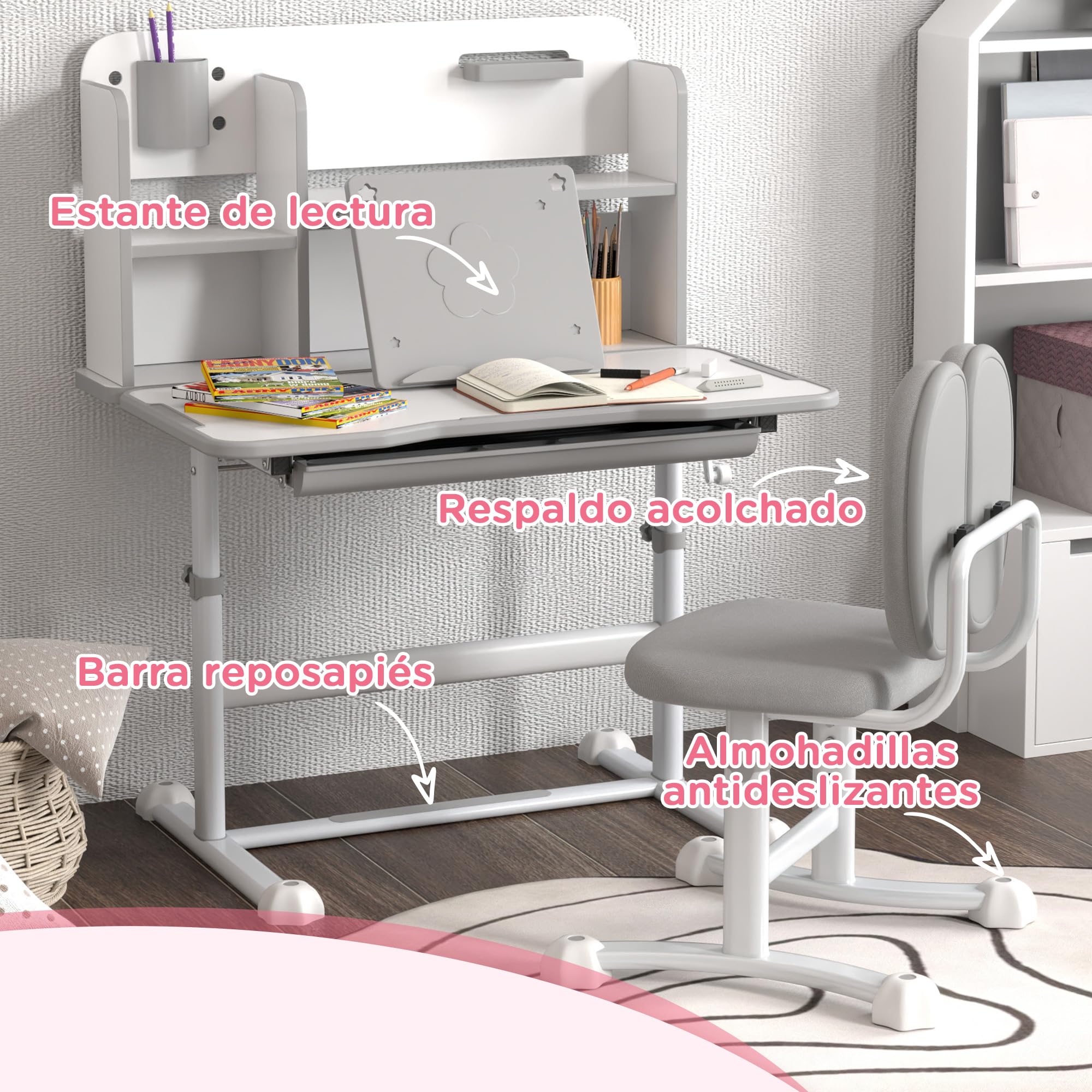 AIYAPLAY Juego de Escritorio y Silla para Niños de +3 Años, Pupitre Infantil Altura Ajustable con Tablero Inclinable, Cajón y Estantes, Respaldo Acolchado, para Libros, 80x55x107,5 cm, Gris