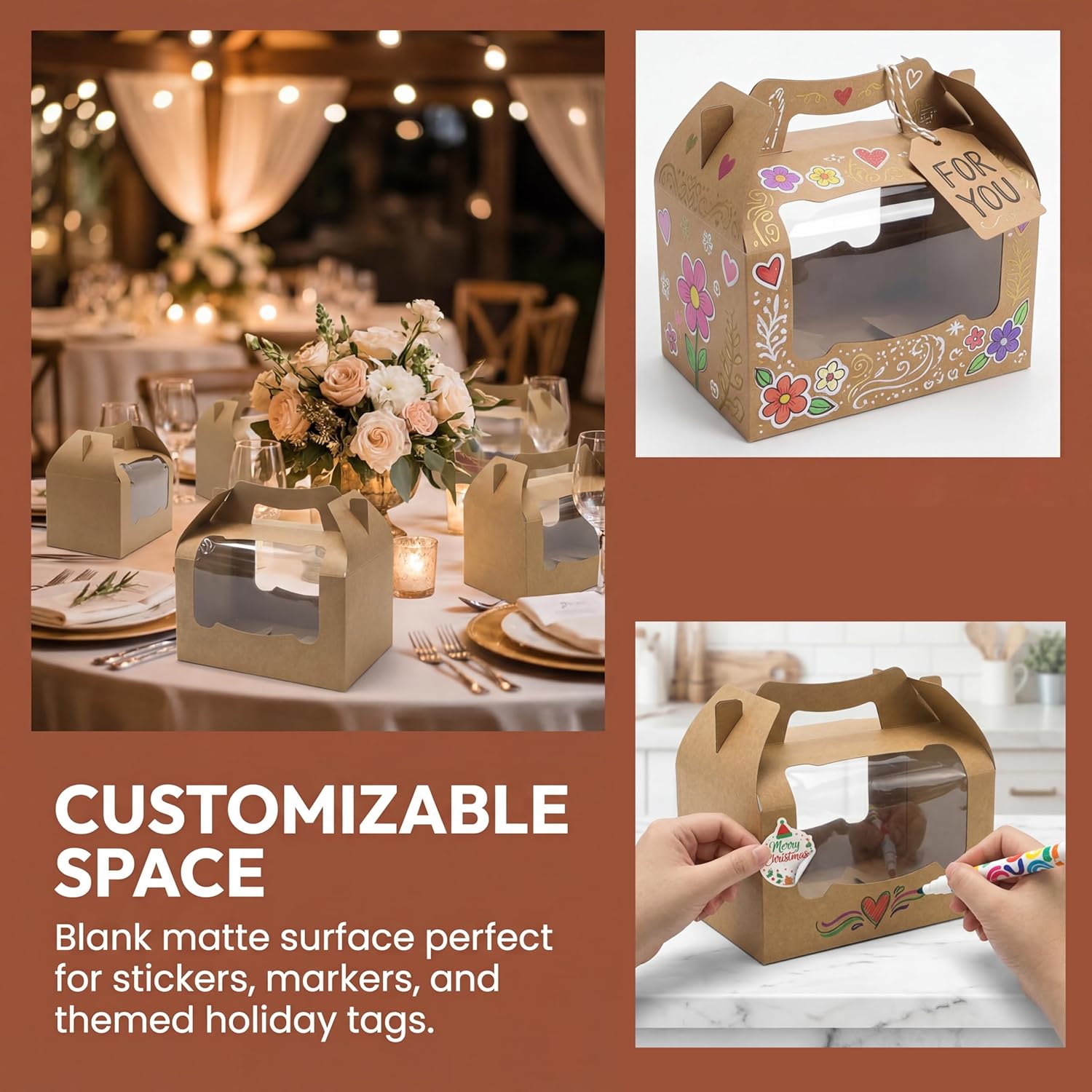 50 Pack Large Gable Box with Window, 9"x6"x6" Kraft Paper Party Favor Treat Box, Goodie Gift Boxes with Handle, Lunch Togo Boxes for Christmas Birthday Wedding Picnic Bakery Catering