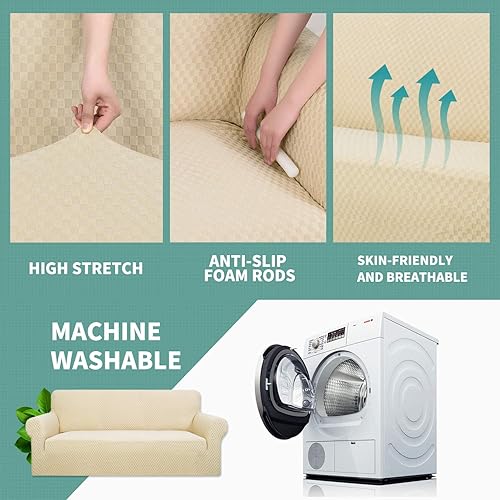 Miniatura 4 de YEMYHOM - Funda elástica protectora con diseño jacquard para sofá de 3 cojines, antideslizante, a prueba de mascotas, perros y gatos (sofá, beige)