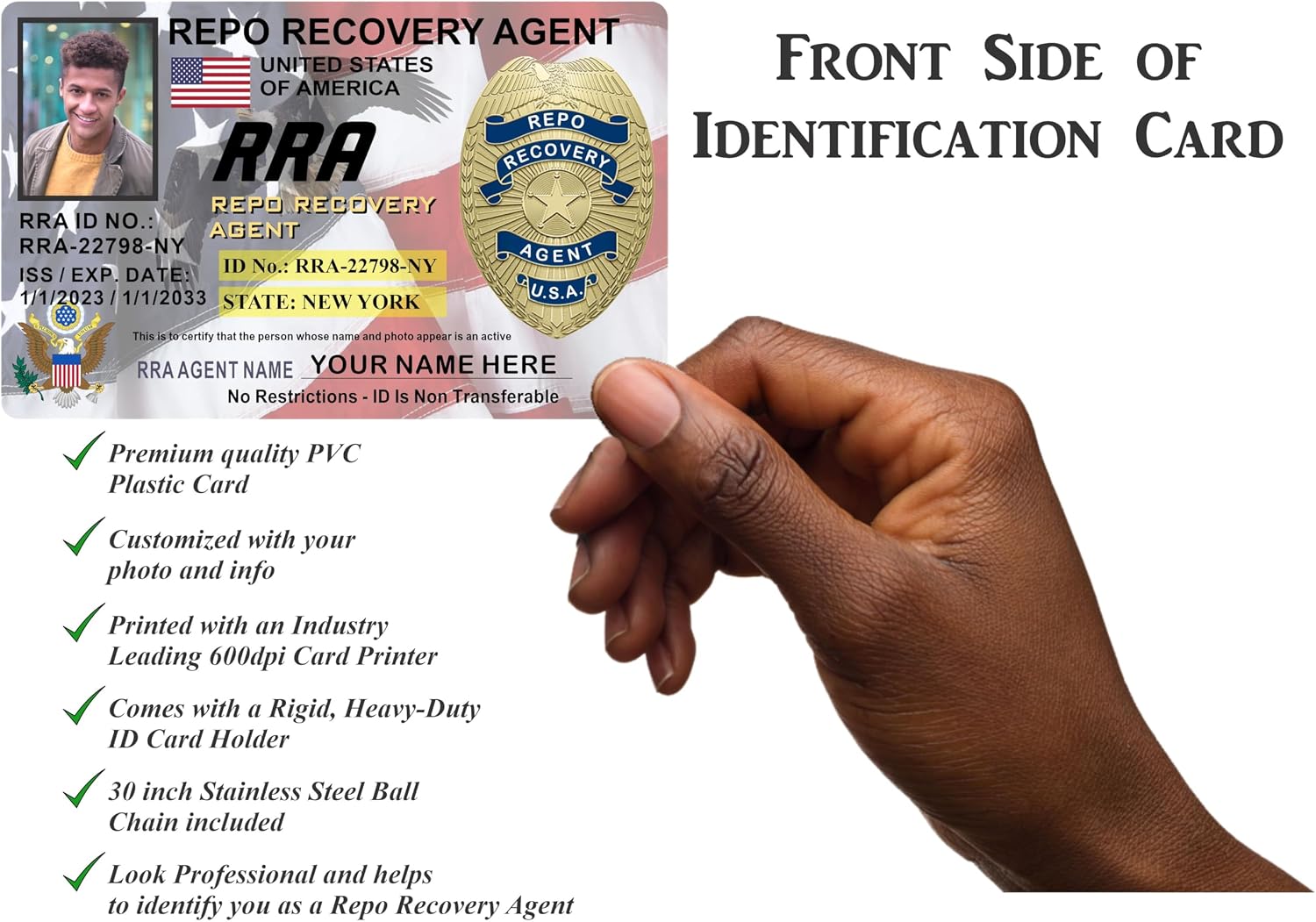 Repo Recovery Agent ID Card (Customizable) PVC Plastic - Badge Holder & Ball Chain Included - Made in The U.S.A. - RRA