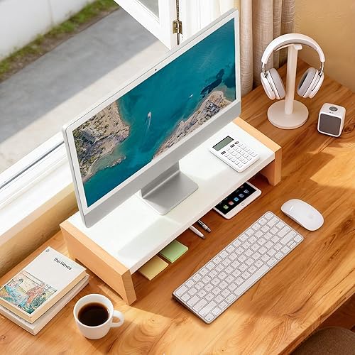 Miniatura 7 de ARCOBIS Soporte elevador para monitor, metal blanco y madera, soporte para monitor de computadora para escritorio, capacidad de carga máxima de 40