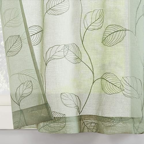 Miniatura 9 de jinchan Cortinas transparentes de cocina de 24 pulgadas, cortinas bordadas de hojas con niveles bordados de hojas botánicas, cafeterías, flores,