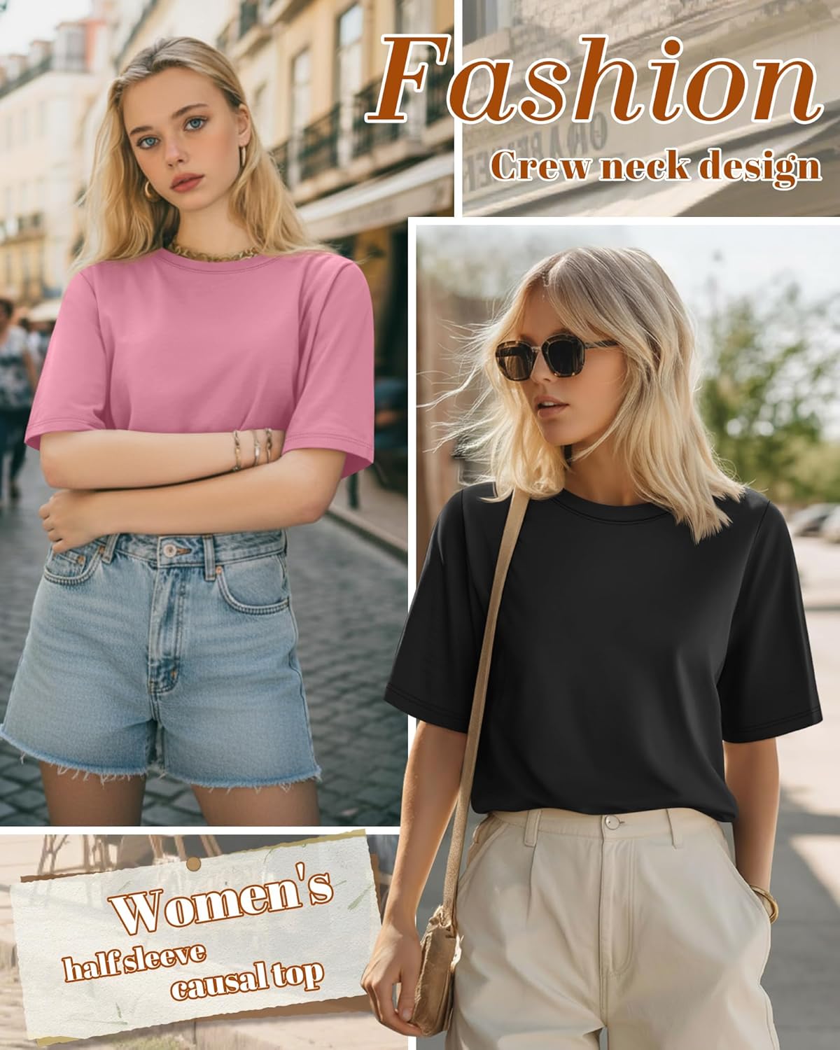 Huukeay 3 Pack Women's Half Sleeve T-Shirts, Crew Neck Elbow Length Tops Loose Casual Basic Tees Summer Tunic Tops - Image 4