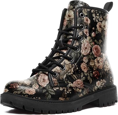 Retro Floral Combat Boots for Women, Comfortable Vintage Flower Print Lace-Up Ankle Boots Platform Booties