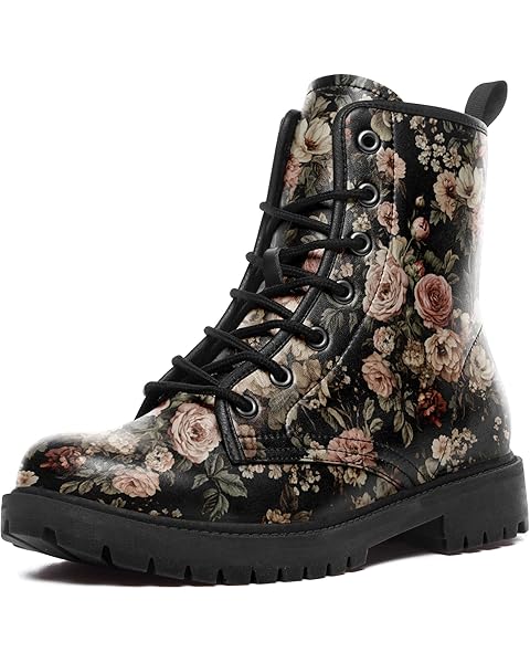 Retro Floral Combat Boots for Women, Comfortable Vintage Flower Print Lace-Up Ankle...