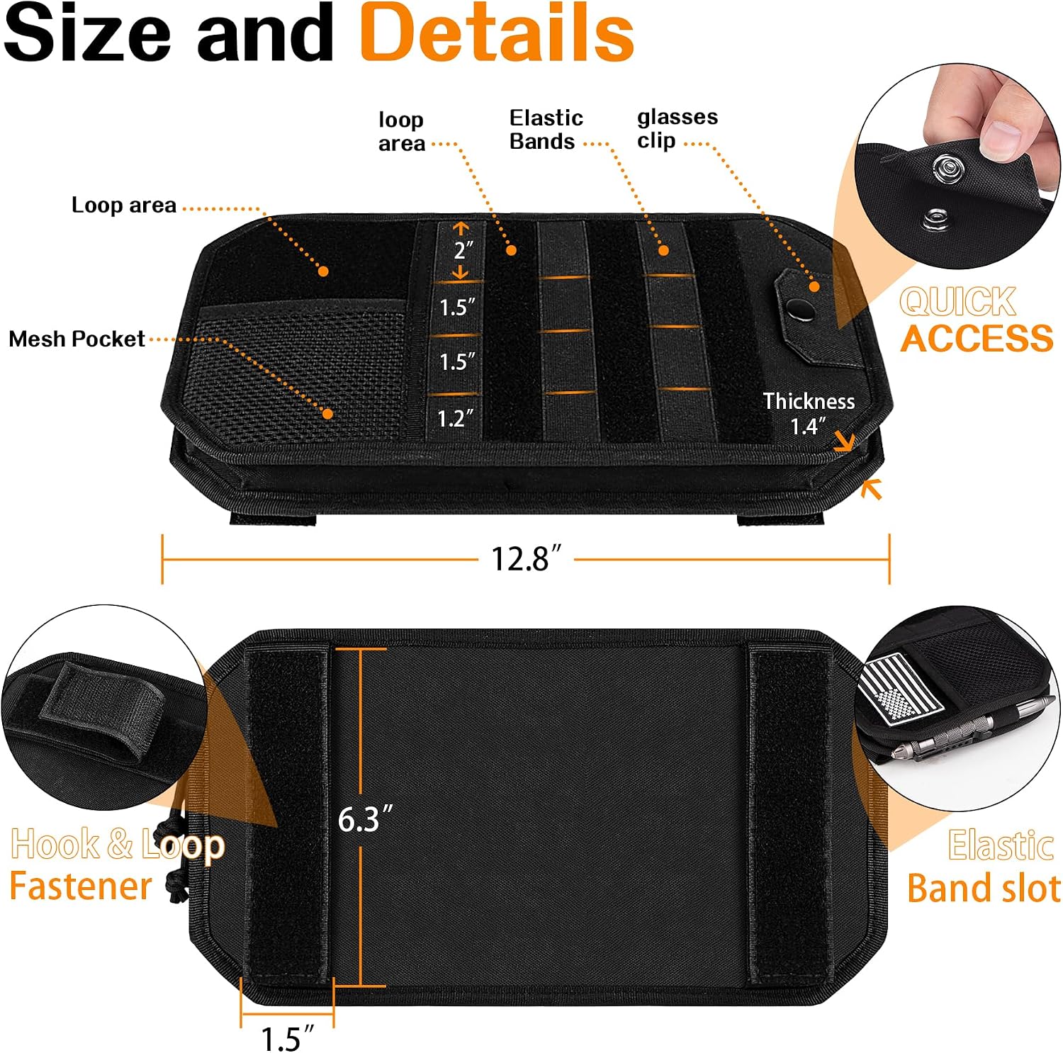 Tactical Molle Car Sun Visor Organizer Car Accessories with Zipper Pouch and Glasses Clip Molle Panel with Patch for Tactical Gears, Fits Most Vehicles, SUVs, Trucks image 2