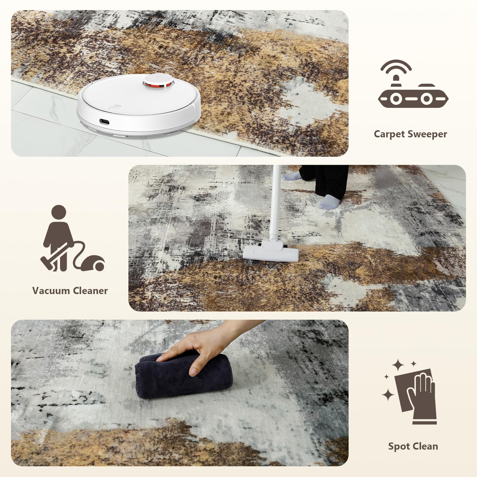 VK·LIVING Tappeti per il Soggiorno Aggiornati 14.5mm Spugna Spessa Tappeto | Astratto Moderno Antiscivolo Tappeto a pelo Medio per Soggiorno Camera da letto Ufficio Grigio oro 160X230CM