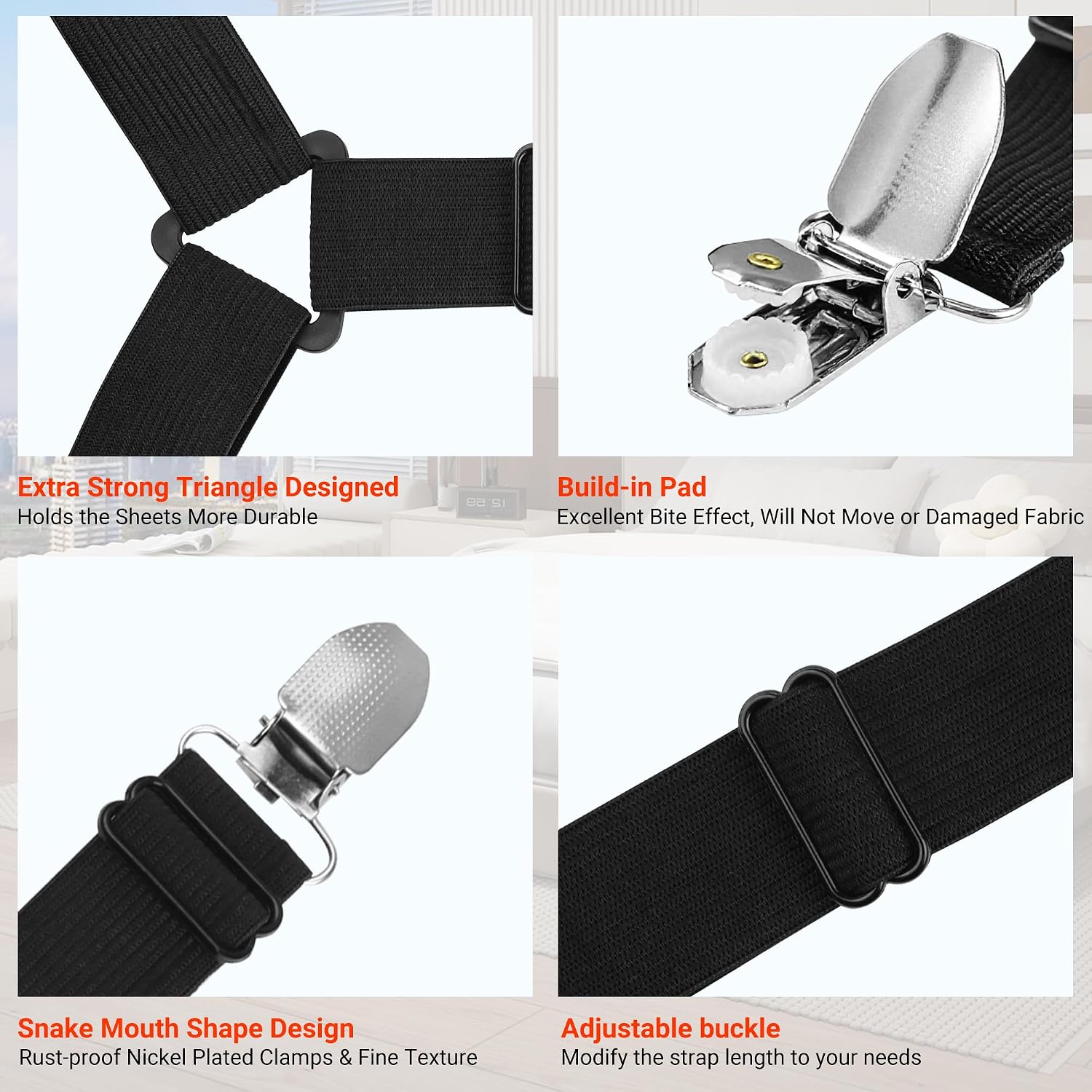 Bed Sheet Holder Straps, Adjustable Bed Sheet Clips for Corner, Upgrade Non Slip Sheet Holders Keep Sheets Firm & Tight, Easy to Install Durable Fasteners