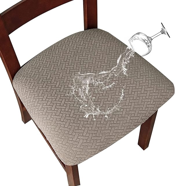 LANSHENG Chair Seat Covers for Dining Room Jacquard Washable Stretch Waterproof Dining Chair Seat Slipcovers Protector Set of 6 Kitchen Chair Seat Covers with Buckle (Taupe, 6)