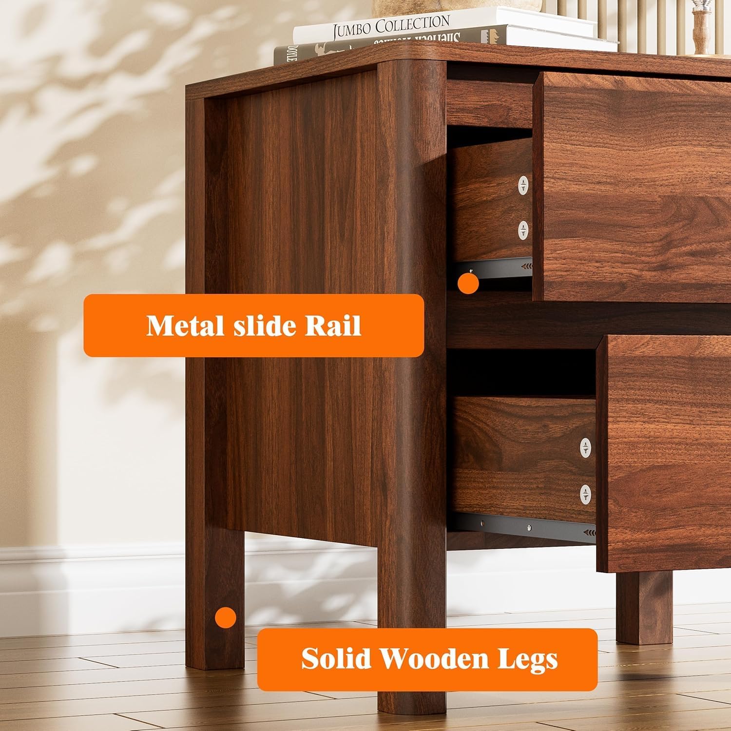 Walnut Mid-Century Modern 3 Piece Bedroom Furniture Set, 5 Drawer Dresser with Handleless Wood Grain Design and Nightstands Set of 2, Minimalist Storage Dresser for Bedroom