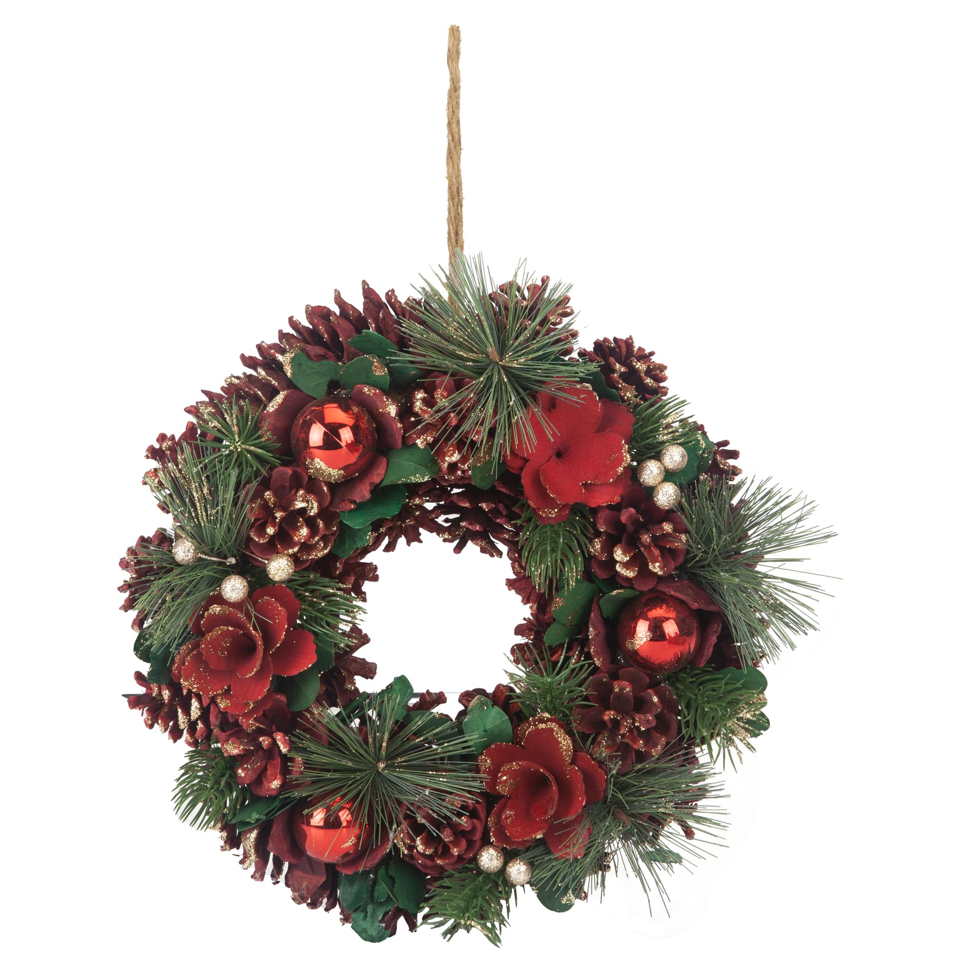 Pms Multicolour 30Cm Christmas Wreath With Pinecones And Baubles – Traditional Festive Wreath For Doors, Walls, And Seasonal Displays