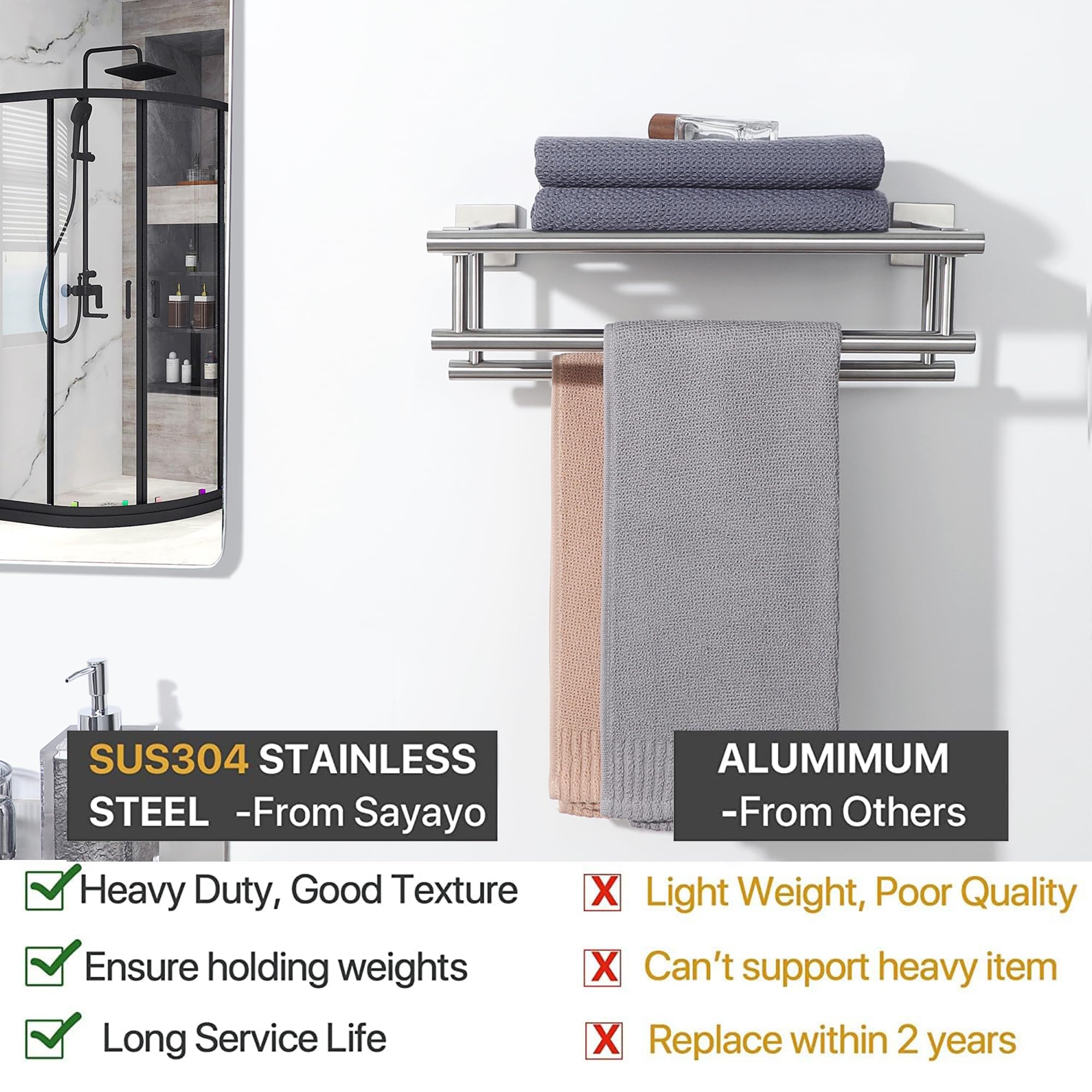 Sayayo Porta Asciugamani Bagno Doppio Porta Asciugamano da Parete, 40CM Porta Asciugamani Bidet Acciaio Inossidabile SUS304 Grigio Argento