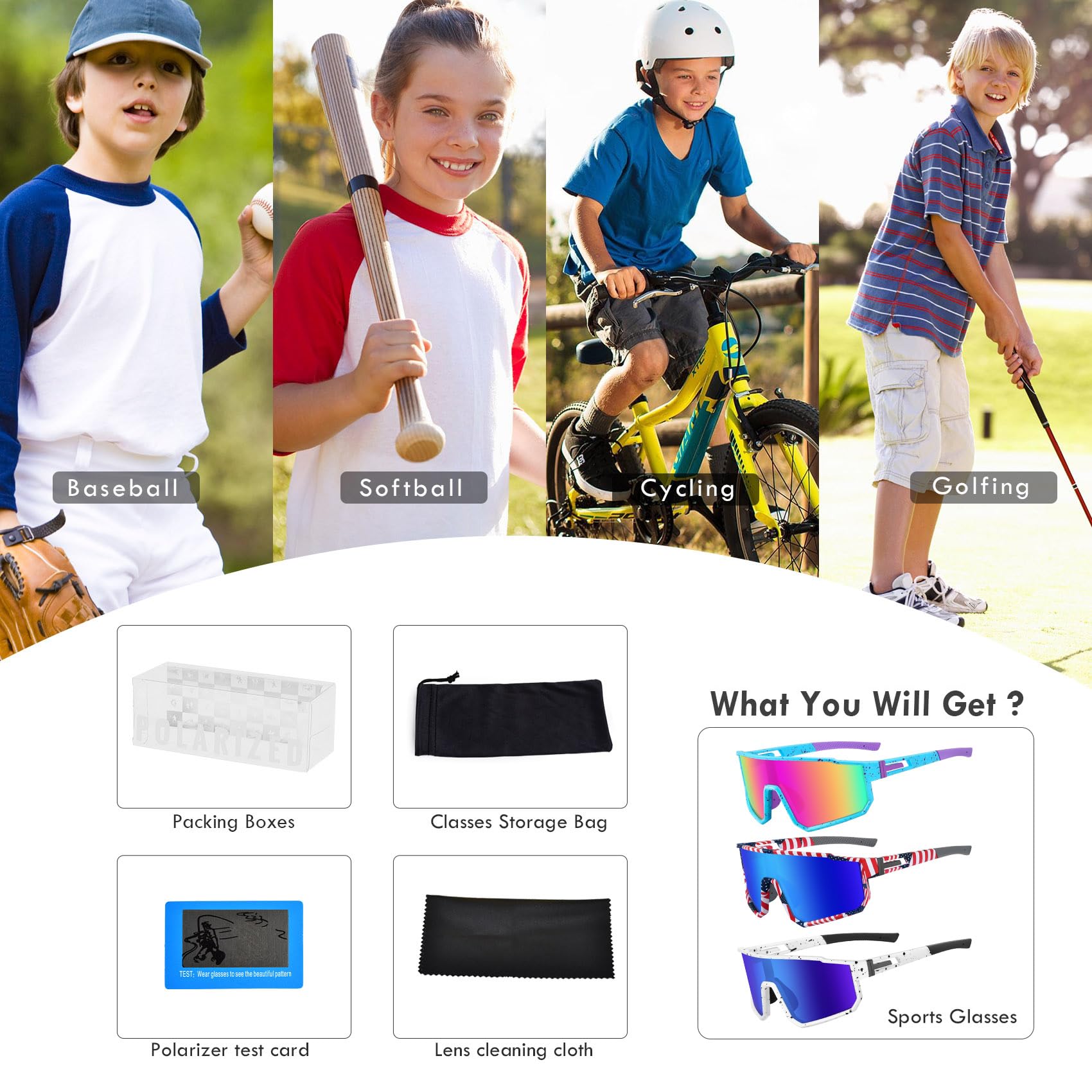 MVPTGRS Gafas de sol de béisbol para niños y niñas de 8 a 14 años, marco TR90, gafas de sol deportivas para sóftbol, ciclismo, béisbol y golf