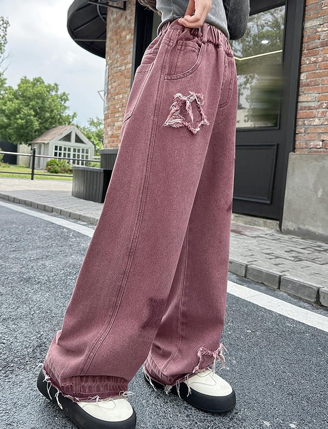Girls Baggy Jeans Star Patchwork Denim Pants Elastic Waist Straight Trousers Wide Leg Soft Trousers 5-14 Years