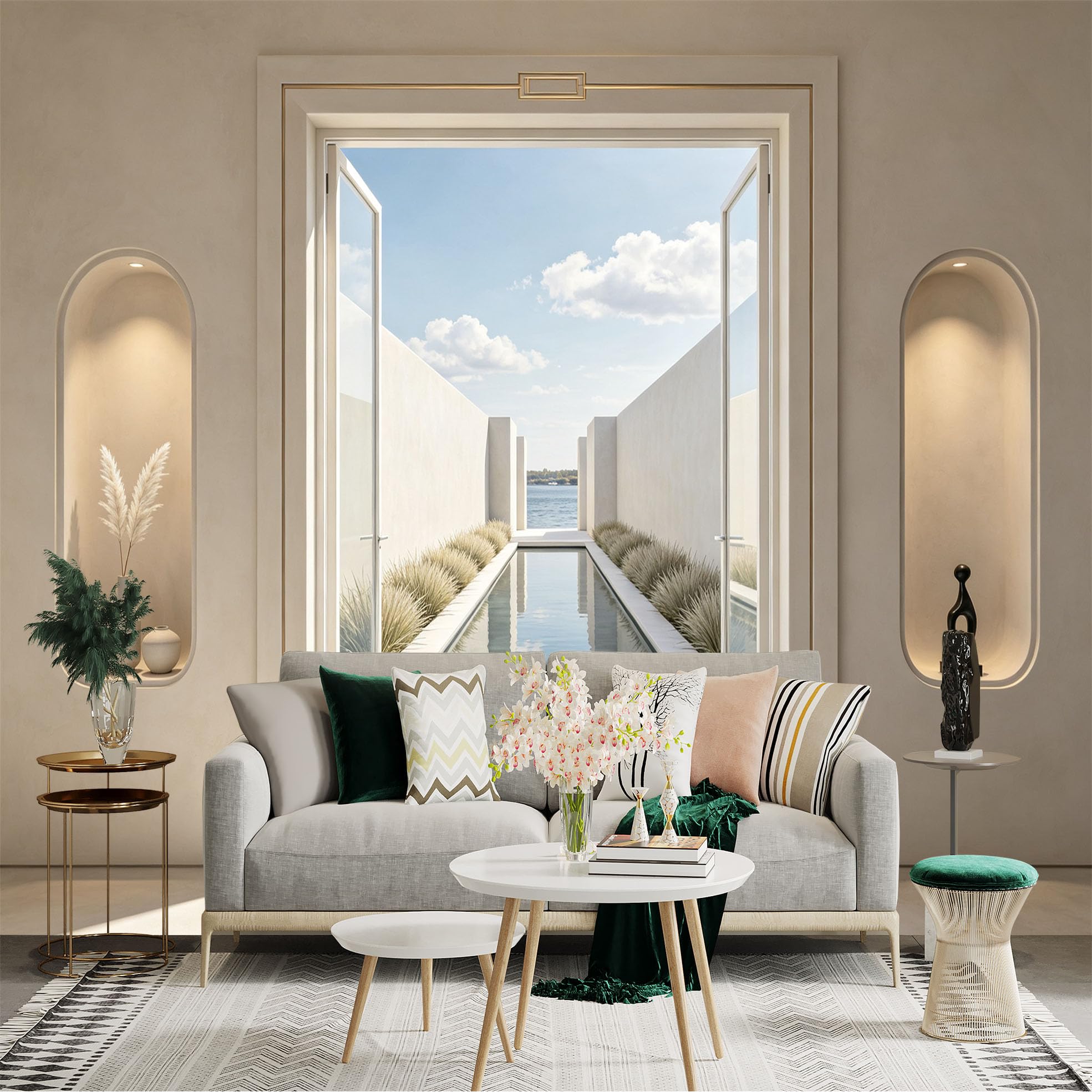 Lnzczhyre Bh260719471 Custom Size Wall Sticker Mural， Mediterranean Villa Archway， Calm Infinity Pool View， Sunny Coastal Scenery， For Wall Decoration， Peelandstick Wall Decals.