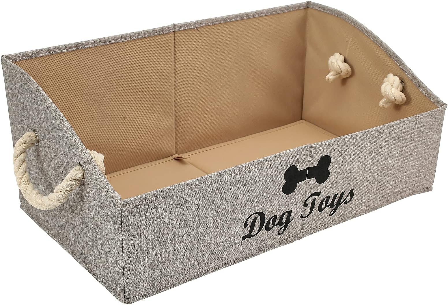 Geyecete Large Dog Toys Storage Bins - Foldable linen Trapezoid Organizer Boxes with weave Rope Handle, Collapsible Basket for Shelves (Light Brown-DOG)