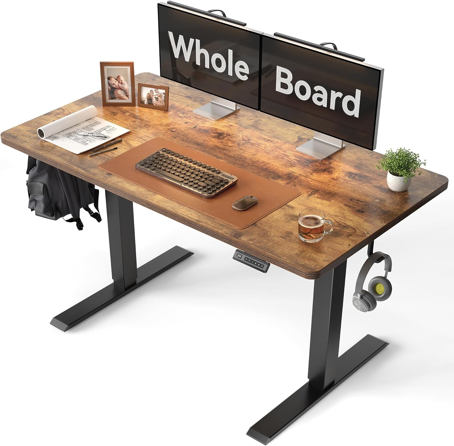 CubiCubi 48 x 24 Large One-Piece Standing Desk, Adjustable Height Electric Computer Home Office Sit Stand up Workstation, with 4 Memory Presets, Headphone Hook, Rustic Brown