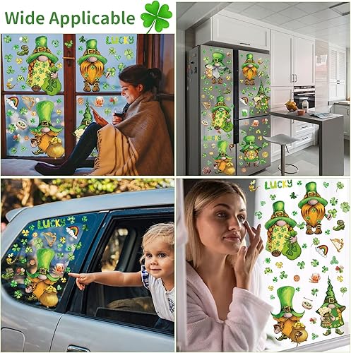 Miniatura 9 de Decoraciones del día de San Patricio, calcomanías de decoración de gnomos del día de San Patricio, 122 piezas de decoración de ventana de primavera