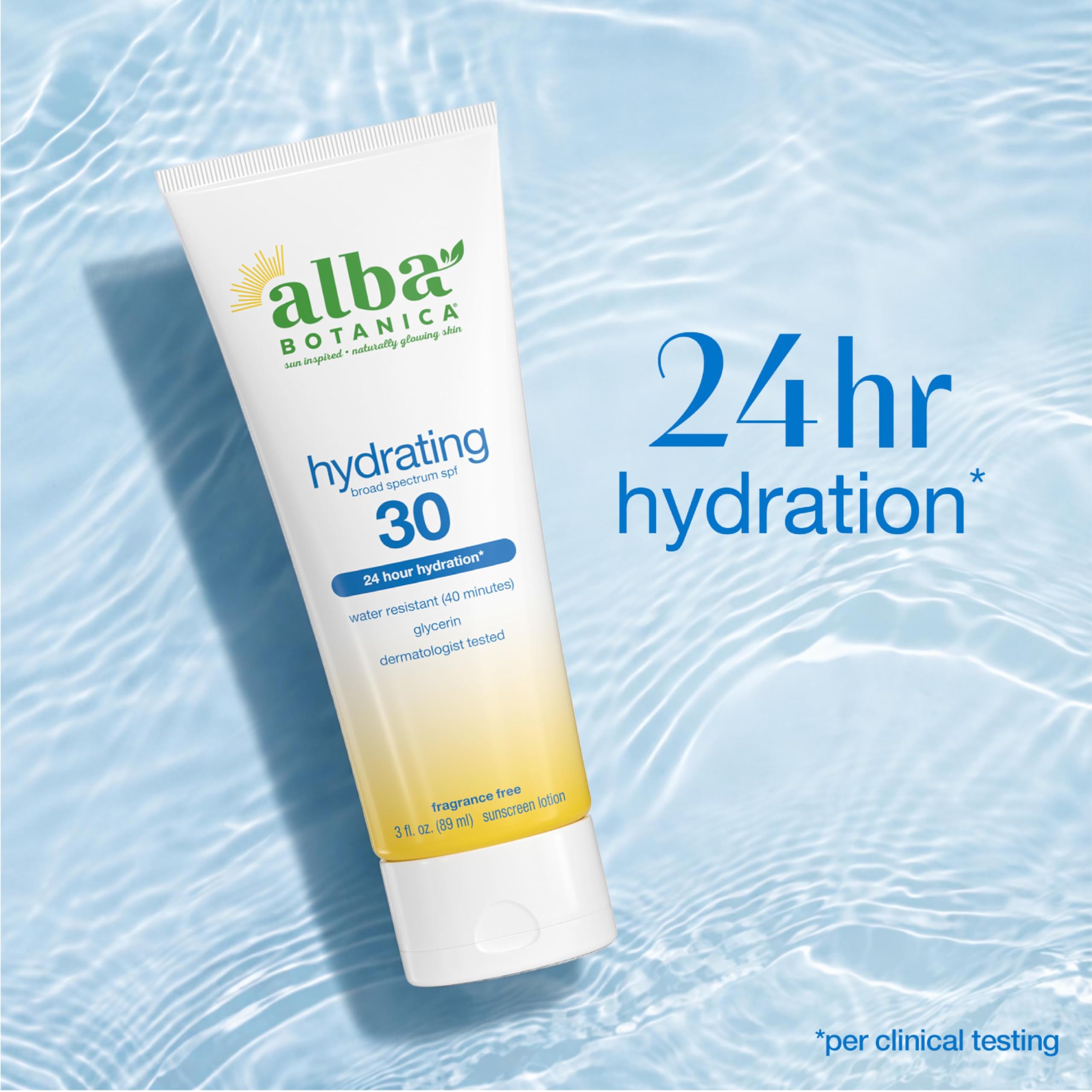 Amazon.com: Alba Botanica Hydrating Sunscreen Lotion, SPF 30 Broad Spectrum  Protection, 24 Hour Hydration, Water Resistant (40 minutes), Fragrance  Free, Oxybenzone-Free, 3 Fl. Oz : Beauty & Personal Care