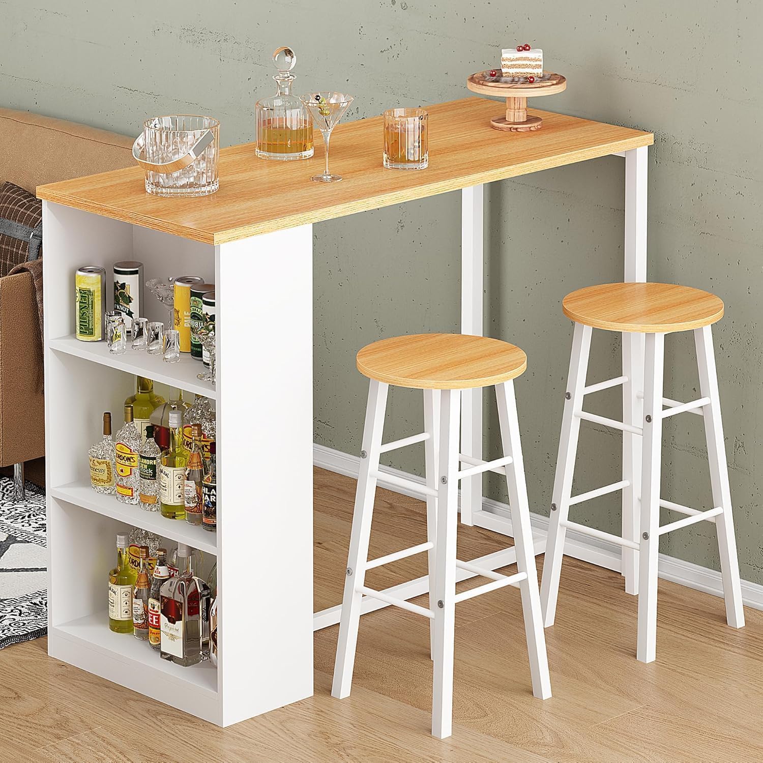 soges Juego de bar con mesa de bar y 2 taburetes altos, 91 x 49,5 x 91 cm, mesa de comedor, mesa de restaurante, mesa de pub con estante de almacenamiento de 3 niveles.