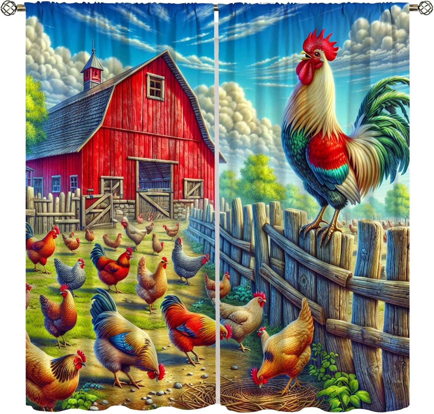 Funny Chicken Curtains,Country Farm Animals Rooster Themed Vintage Red Wooden Cabin Blackout Rod Pocket Window Curtain,for Classroom Living Room Bedroom Kitchen Cafe Farmhouse 42" W X 45" L
