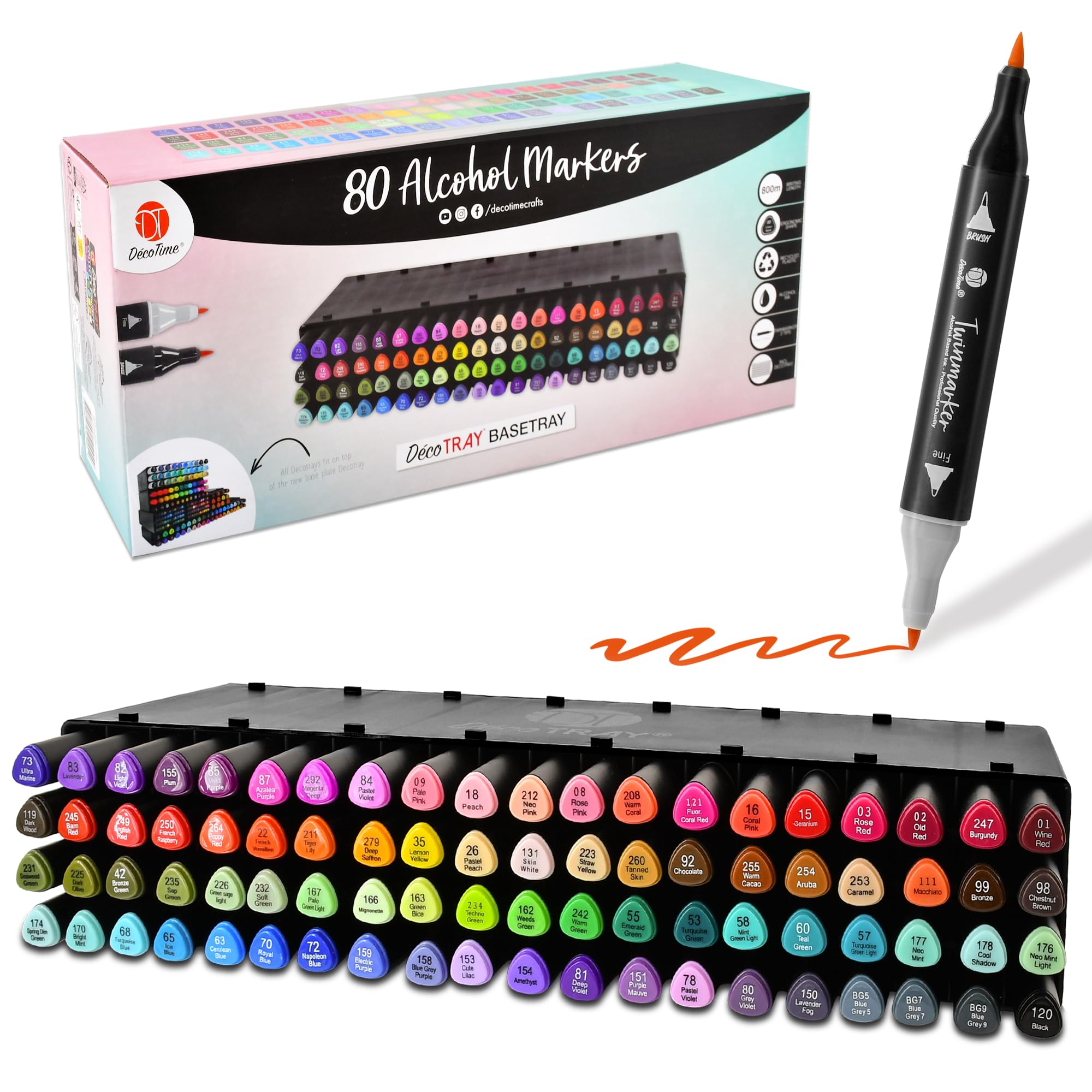 Deco Time Twin Alcohol Markers with Stackable Alcohol Marker Storage Tray - 80 Dual Tip Fine & Brush Markers - Coloured Marker Pens for Adults, Kids - Quick Dry Art Supplies for Drawing & Colouring
