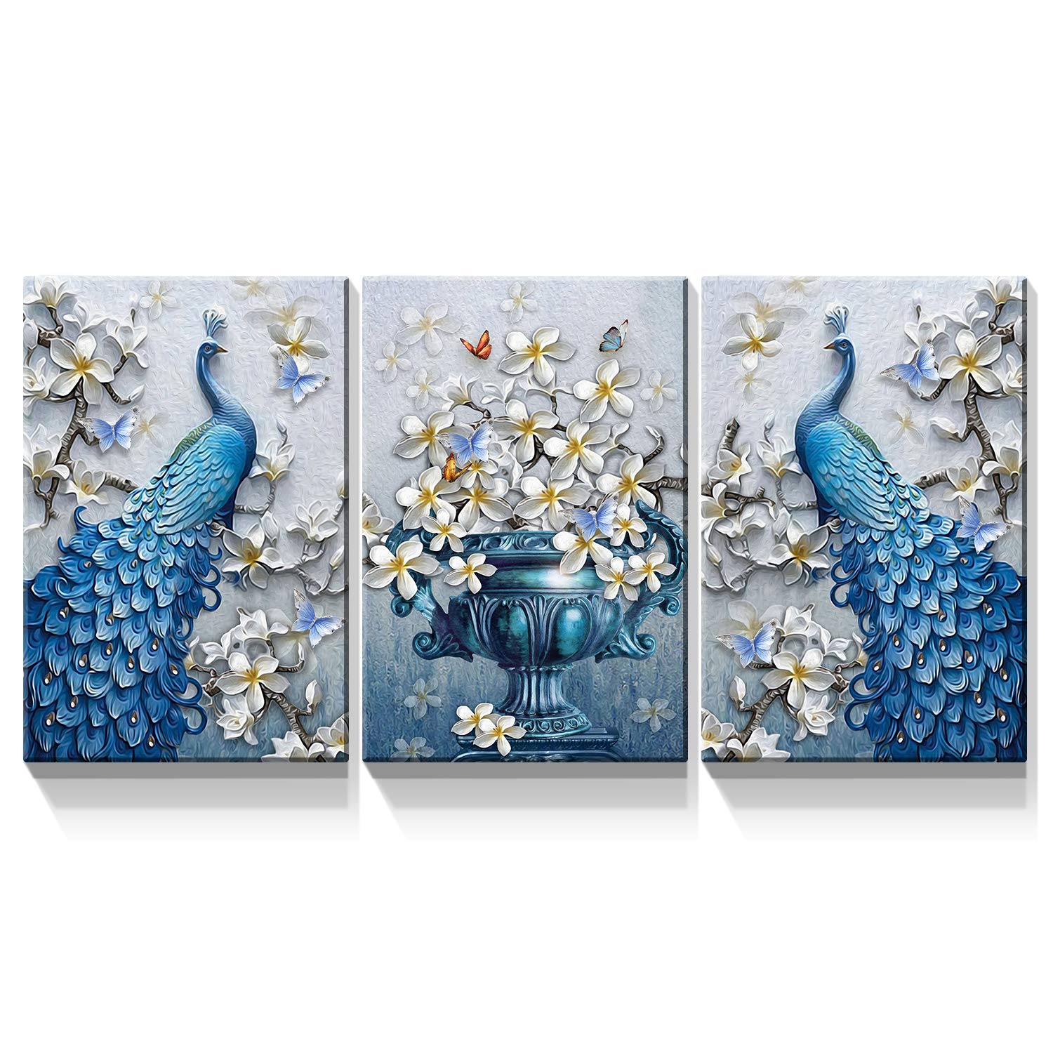 Denozer - 3 Panel Peacock Canvas Wall Art Paintings - Peacock Elegant Flower Pictures On Canvas Animal Wall Decor for Living Room Home Decor Stretched and Framed Ready to Hang - 30