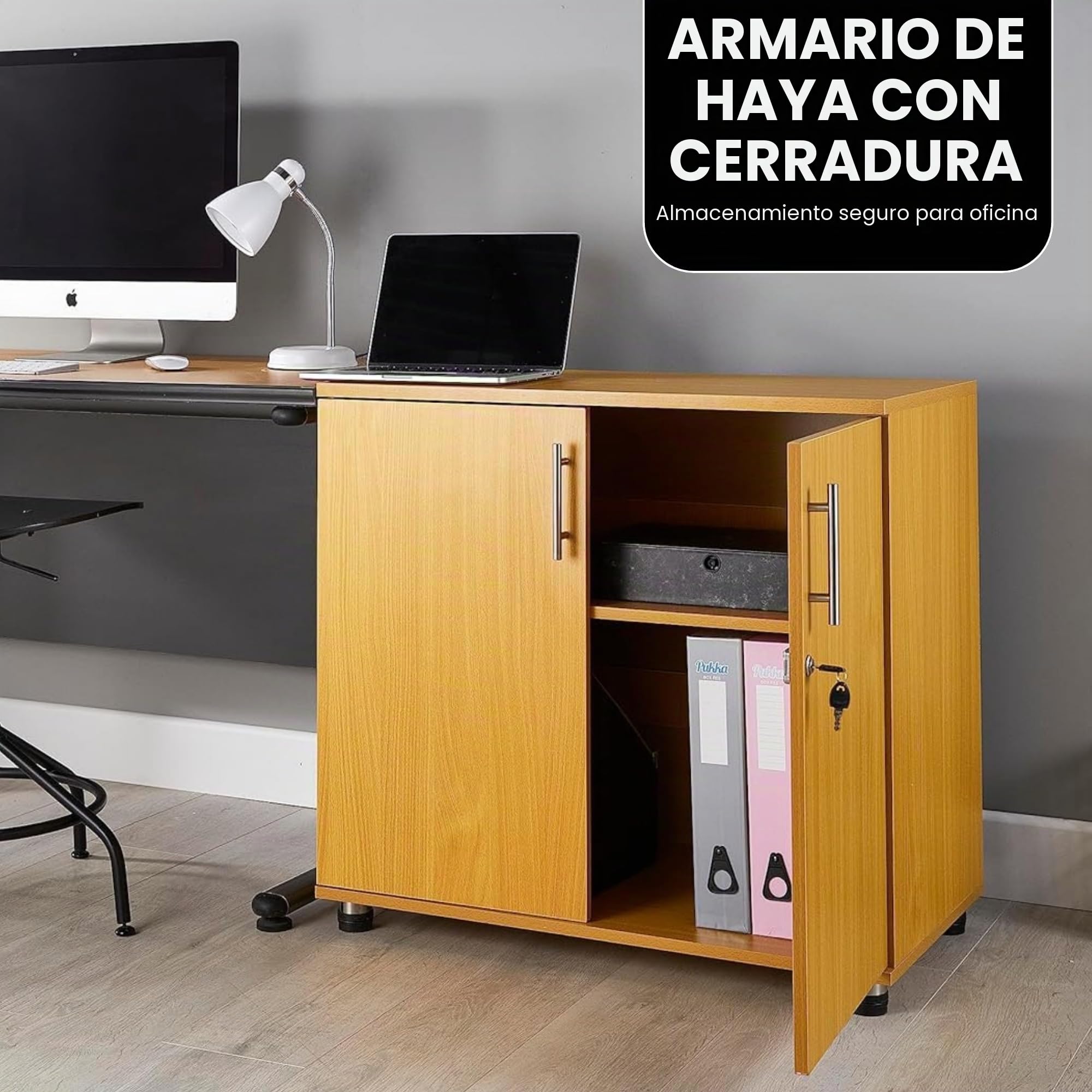 Armario de almacenamiento de oficina de haya, altura de escritorio, estantería de 2 puertas con cerradura, altura de extensión de escritorio de 75 cm