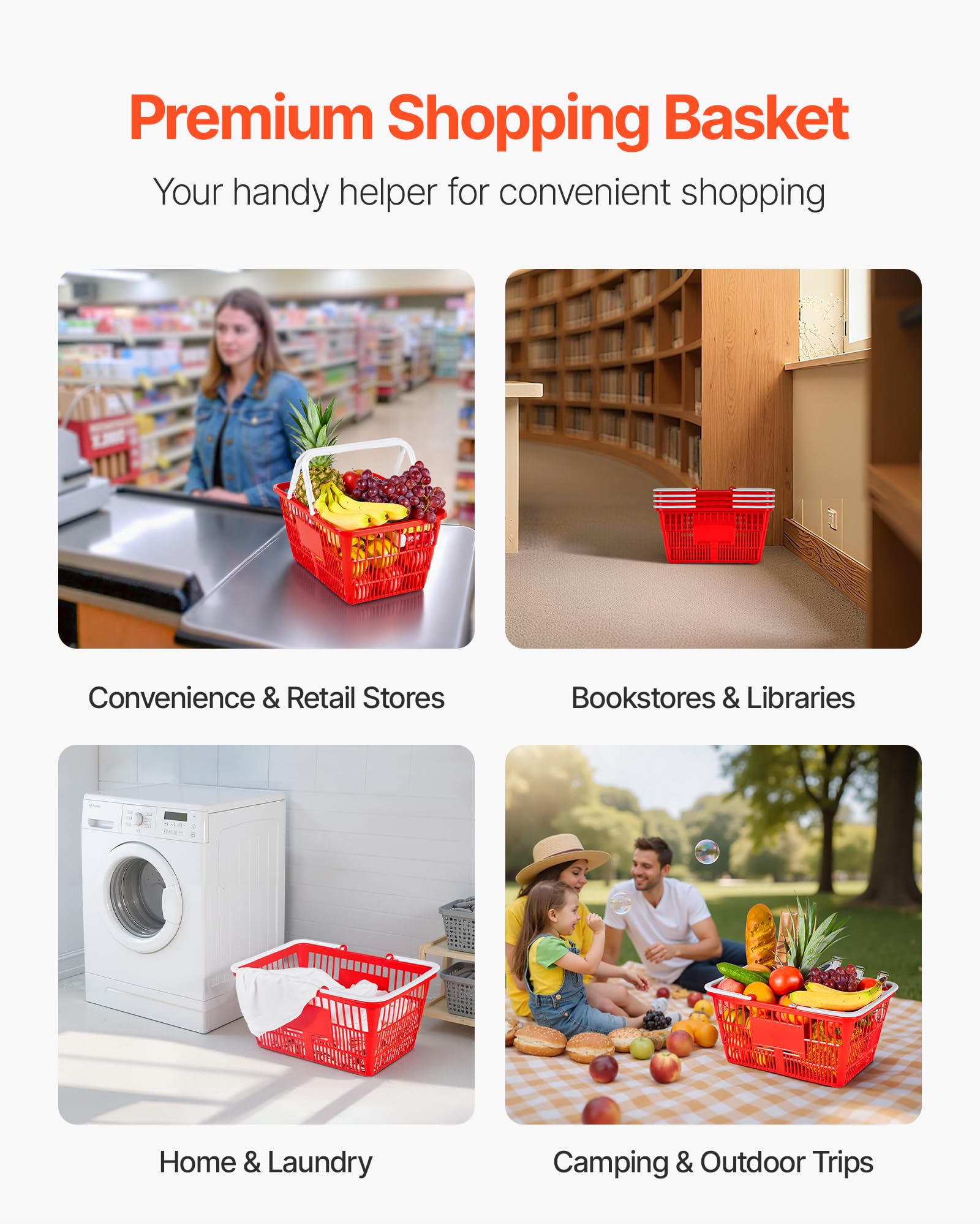 VEVOR Panier de Courses Plastique PE Panier à Provisions Empilables, Lot de 4, 21 L avec Poignées, Structure Maille Dense, Charge 9 kg, pour Épicerie, Vente au Détail, Magasins, Supermarchés, Rouge