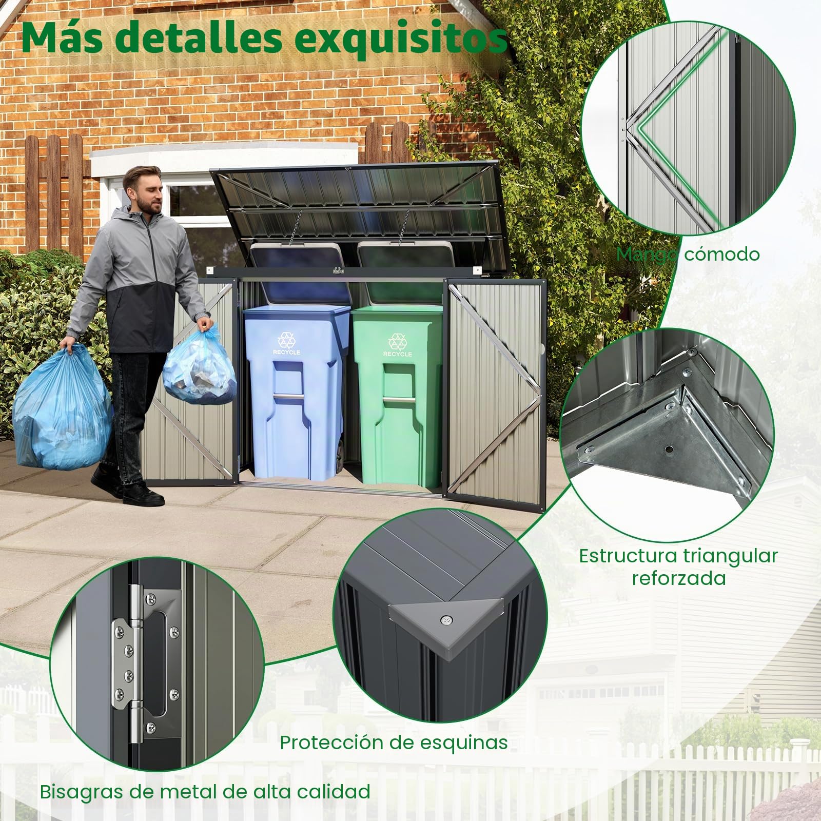 RELAX4LIFE Caseta de Jardín de Metal, Cobertizo de Acero Galvanizado con 2 Puertas y Tapa Abatible, Cubo de Basura para Jardín, Patio Trasero, Granja, 172 x 101 x 130 cm, Gris Oscuro