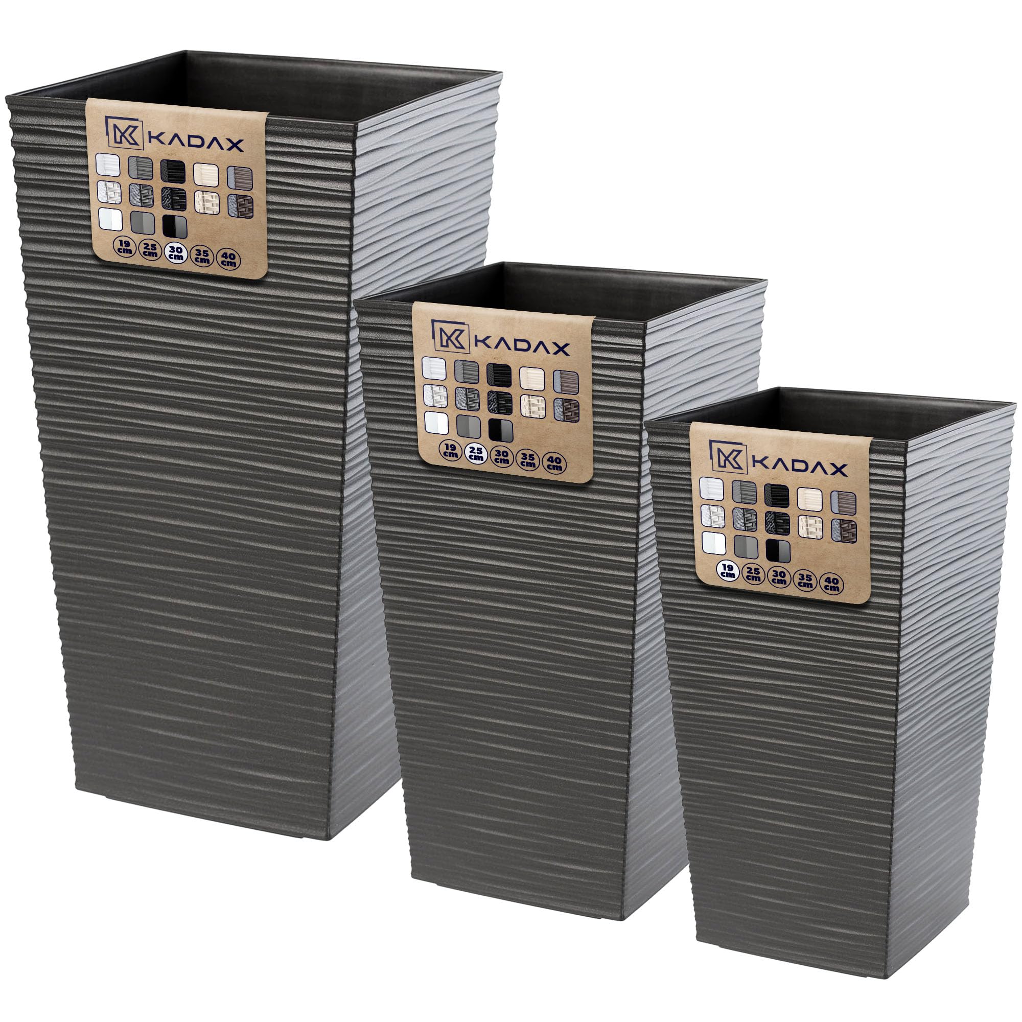 KADAX Maceteros Altos para Plantas de Interior y Exterior, Macetas de Plástico, Jardineras Altas (Texturizado, Grafito, 36 cm, 46.5 cm y 57.5 cm)