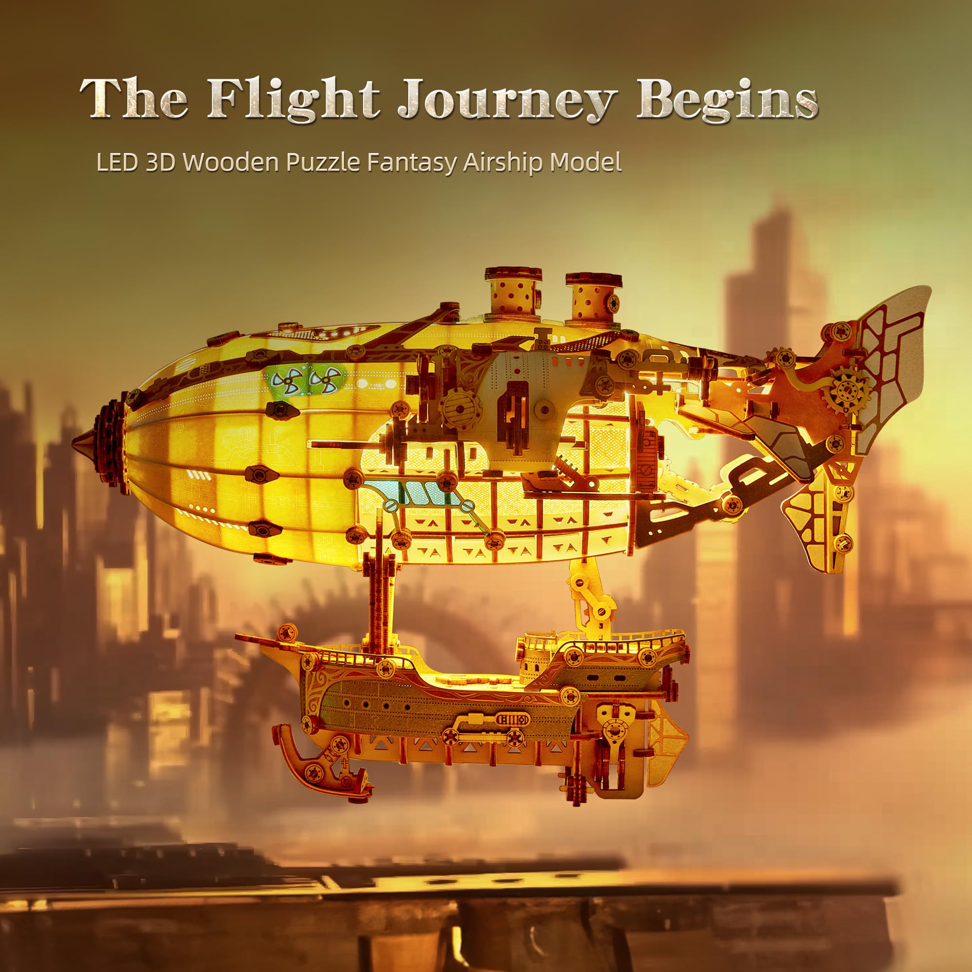 FUNPOLA LED 3D Wood Puzzle Fantasy Airship Model, Steampunk DIY Craft Kit with LED Lights - Image 2