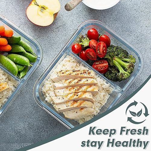 Miniatura 7 de VERONES Paquete de 10 recipientes de vidrio para preparación de comidas, juego de 2 compartimentos, recipientes herméticos de vidrio para almuerzo