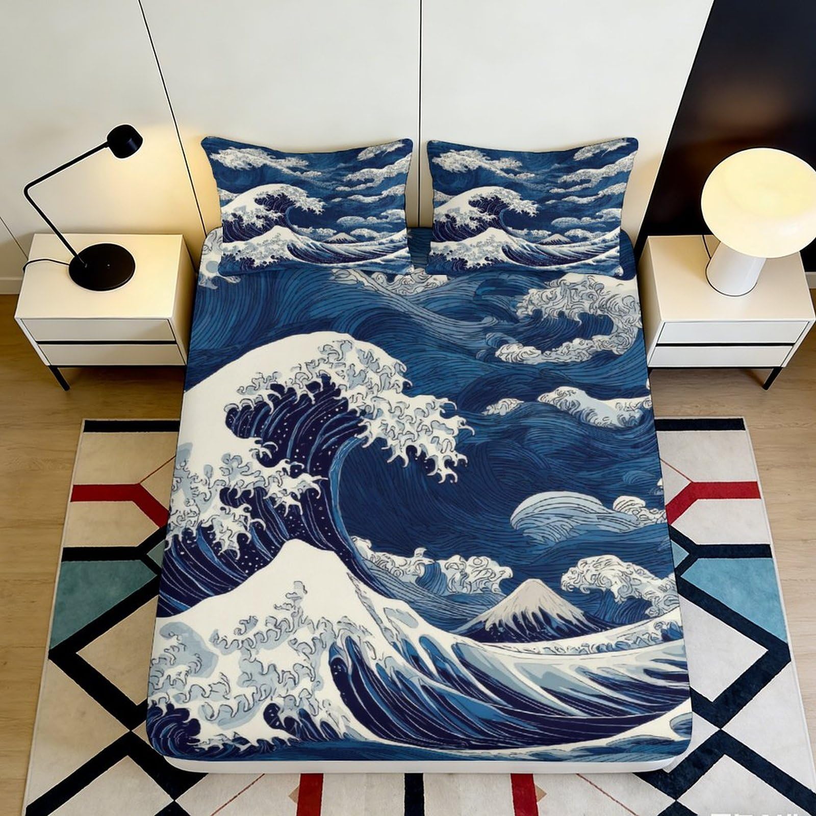 3D Printed Great Wave Fitted Sheet Microfiber Ocean Art Bed Cover for Bedroom Guest Room Mattress Protection Decor 180x200x25cm