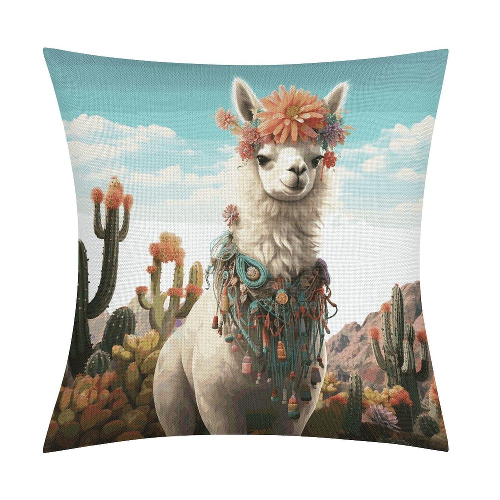 FekiLoot Mexican Llama Cactus Throw Pillow Cover Soft Square Cushion Case Farmhouse Cushion Cover Decorative Pillow Cover Modern Pillowcase for Sofa Living Room Bed Home Decor 18x18 Inch