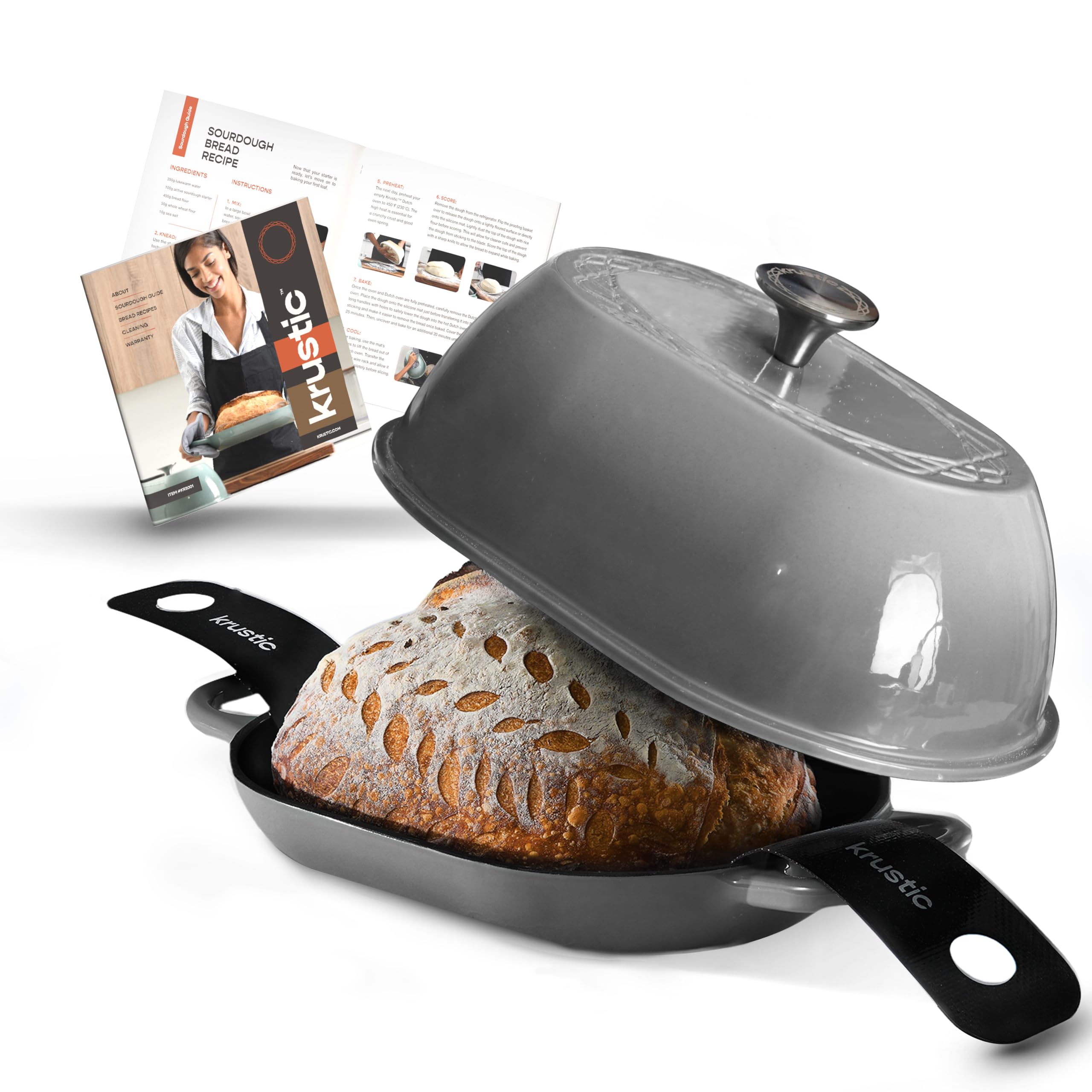 Krustic Enameled Cast Iron Dutch Oven for Professional Sourdough Bread Baking | 5.5 Quart Loaf Size Oval Cookware Pot with Lid | Triple-Layer Enamel Coating Pan with Non Stick Silicone Mat | Gray