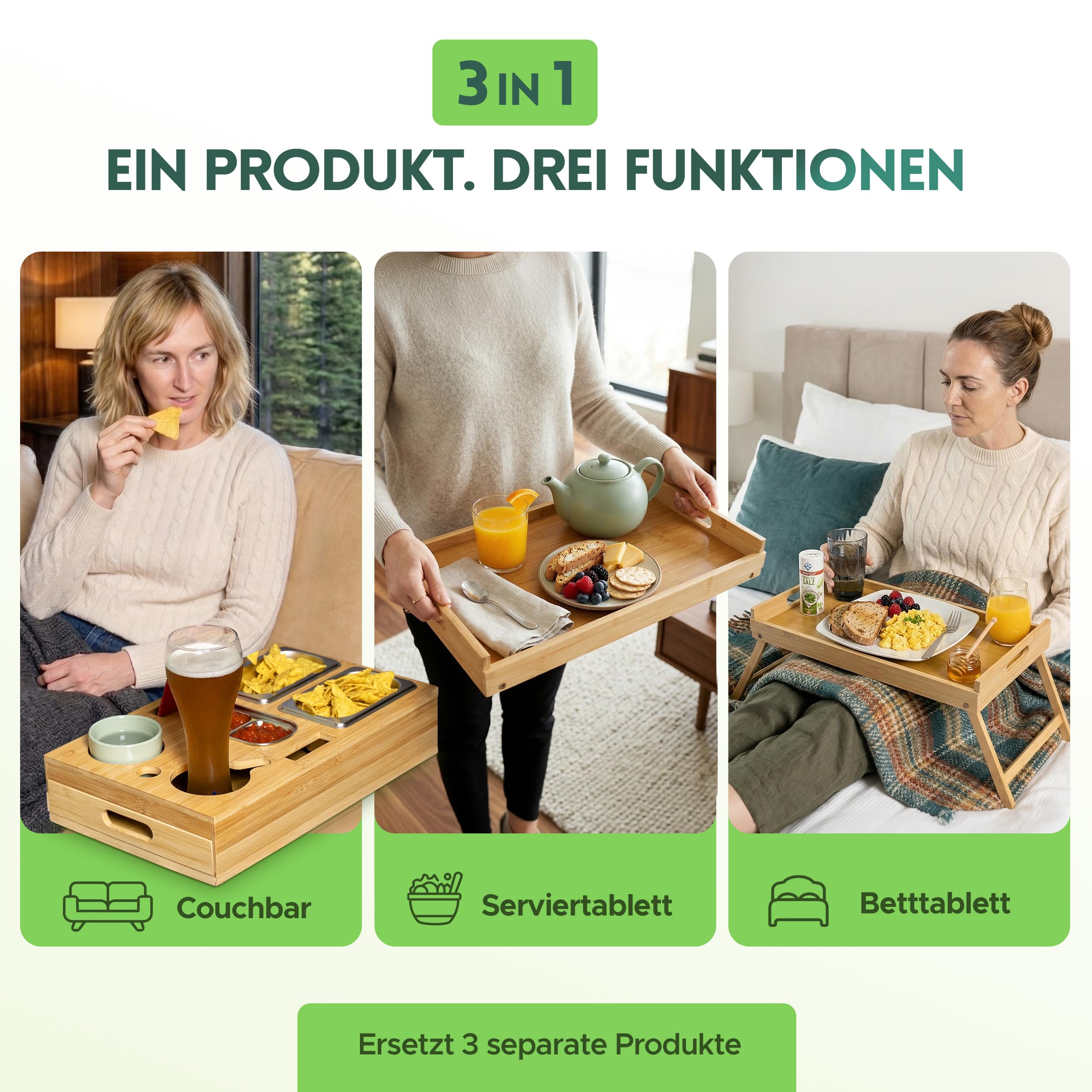 naturlik 3-in-1 Couchbar Snackbox mit klappbaren Beinen – XL Serviertablett, Betttablett und Laptop-Tisch – 3 Edelstahl-Schalen & Getränkehalter – Bambus Sofatablett & Couch Butler Holz 46x27,5cm