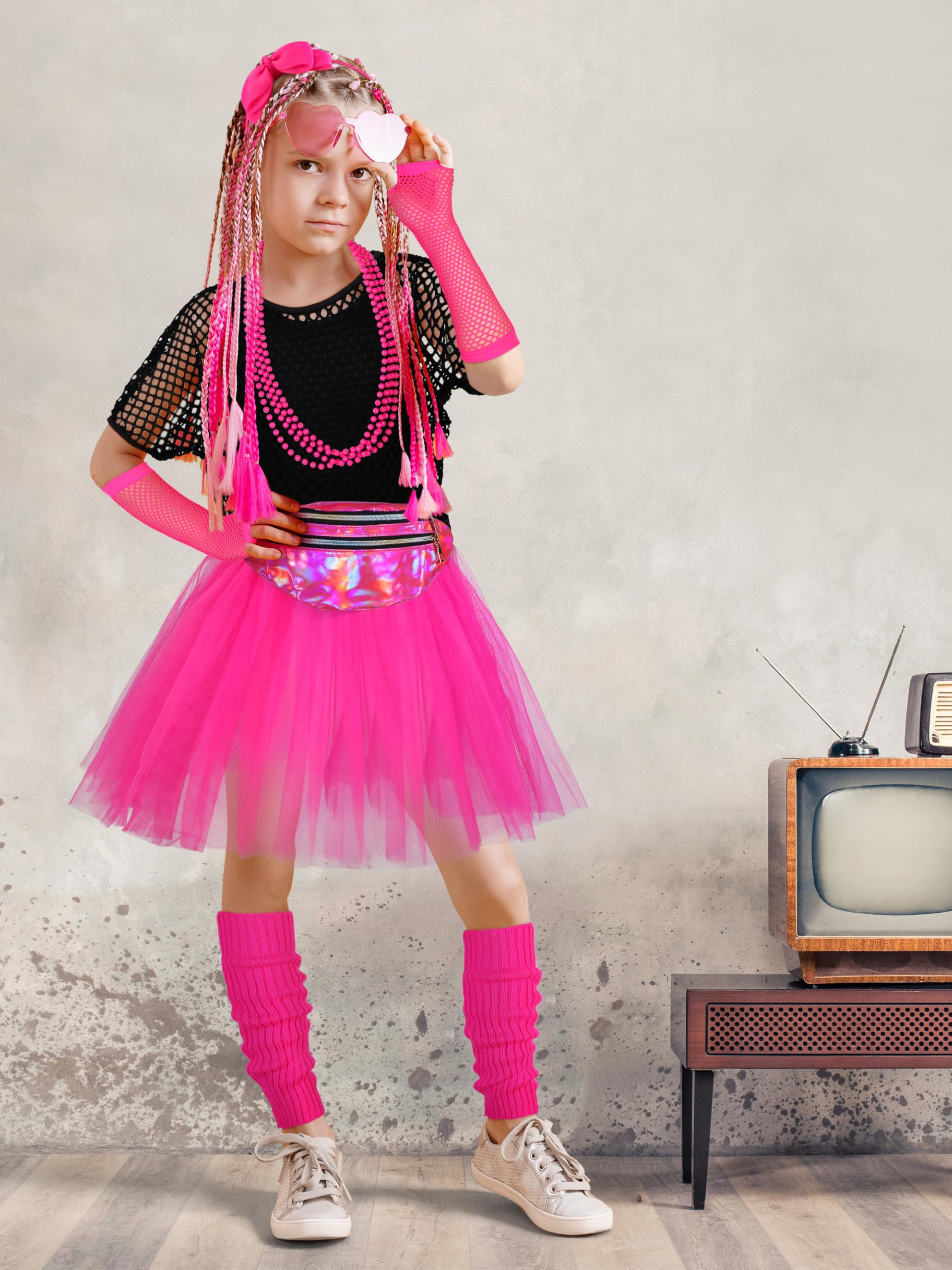 AOTHSO 14 Pieces Girls 80s Outfit Accessories Set Halloween Girls 80s Clothes Costume for Cosplay 1980s Party for Kids