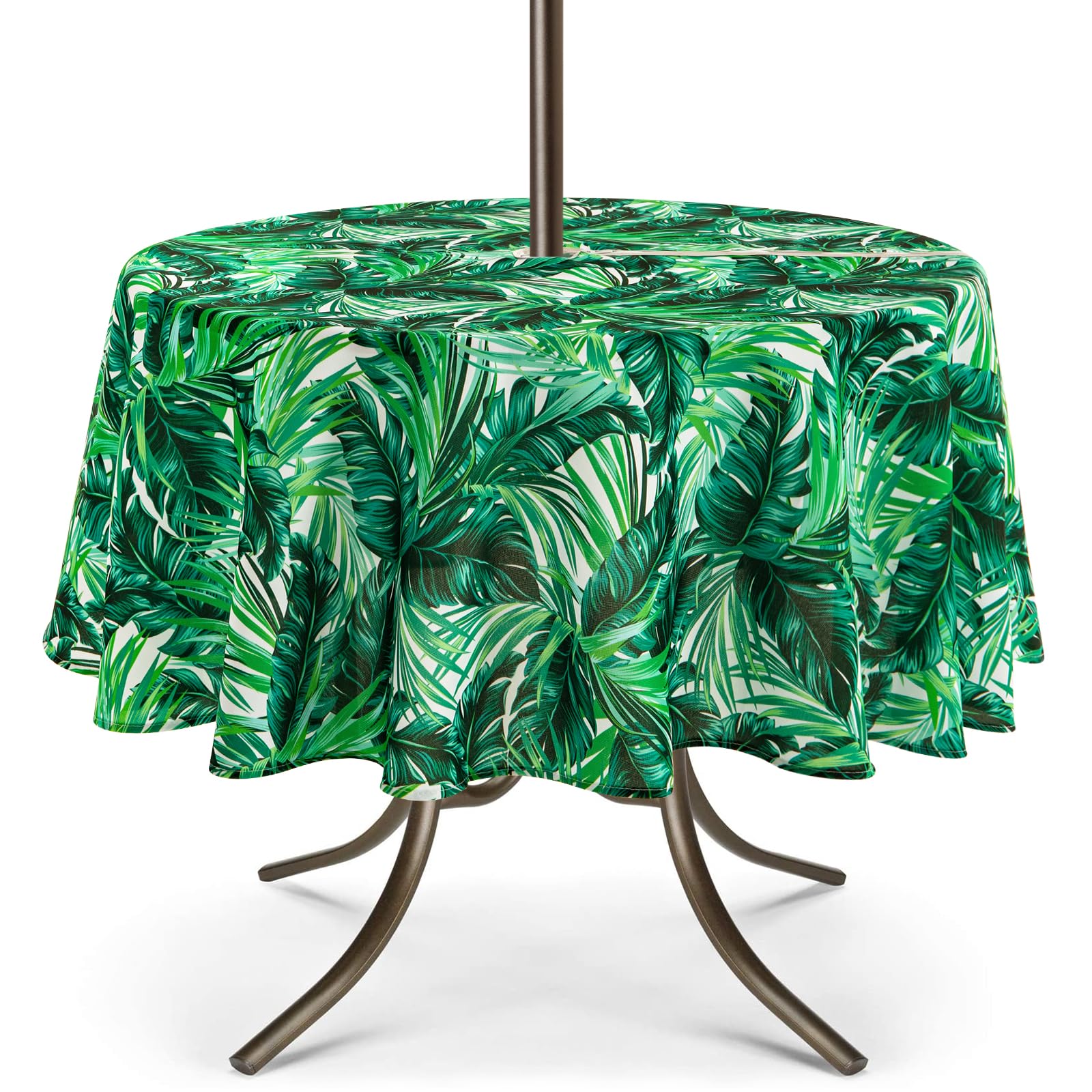 UMINEUX Round Outdoor Tablecloth with Umbrella Hole and Zipper, Waterproof, Green Plant, 1524mm