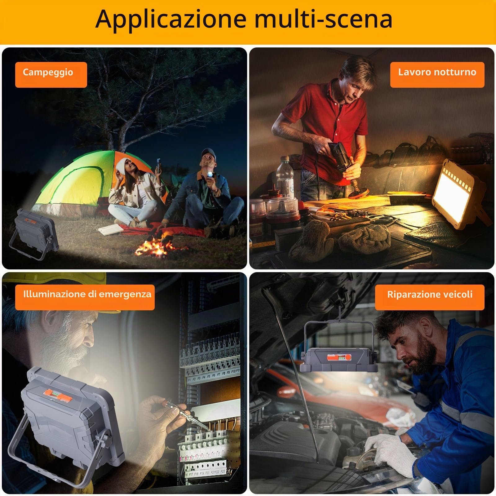MASMEJOR Faro LED Ricaricabile 100W, Faretto LED Ricaricabile 10000LM 15000mAh con Doppi Pannelli Solari, Funzione Torcia, 5 Modalità, Faro a Batteria Ideale per Campeggio, Lavoro, Pesca
