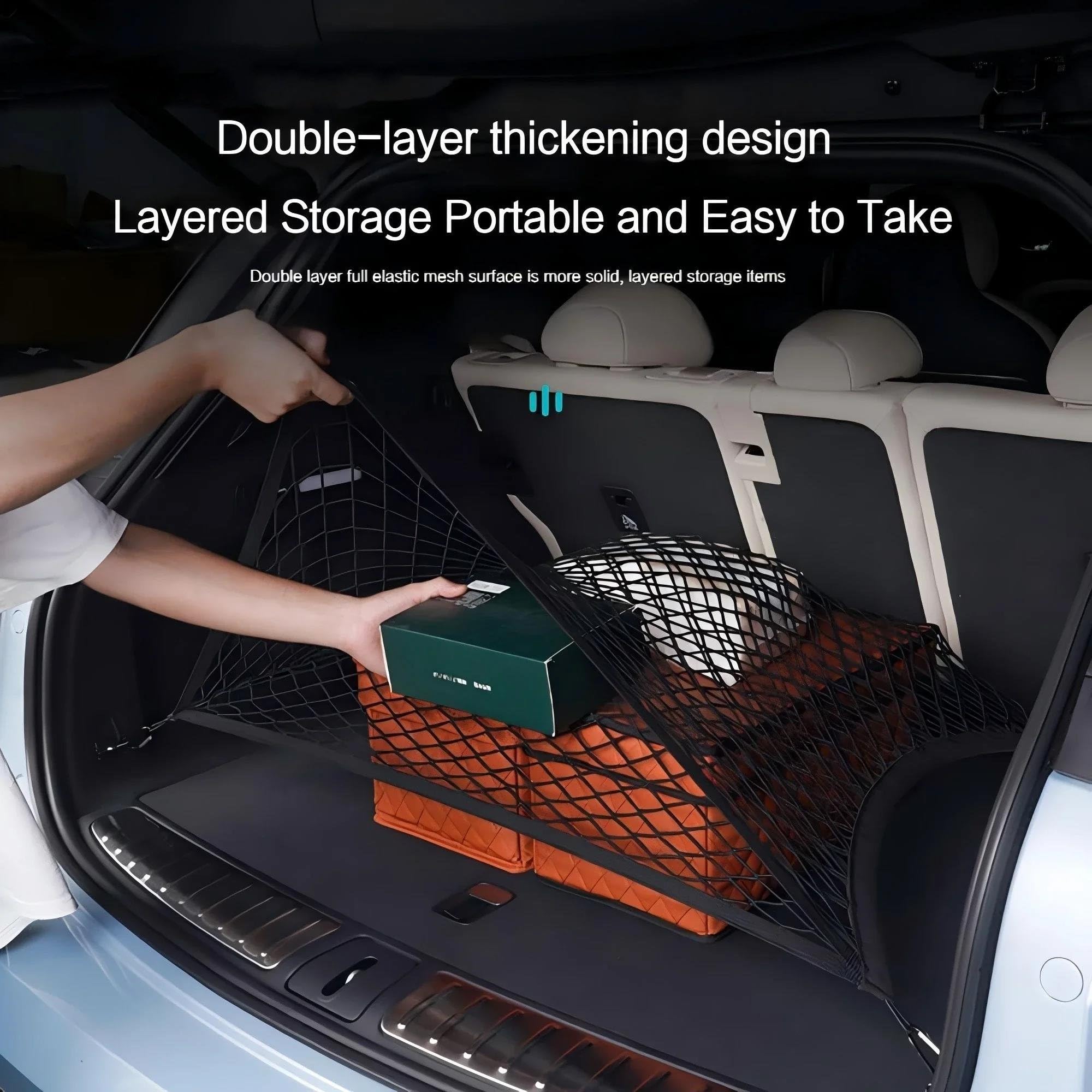 Filets pour Auto Organiseur Coffre Voiture Universel Filet Chargement Élastique en Nylon Robuste Rangement SUV Berline Voyage Camping Accessoires(Couche Double)