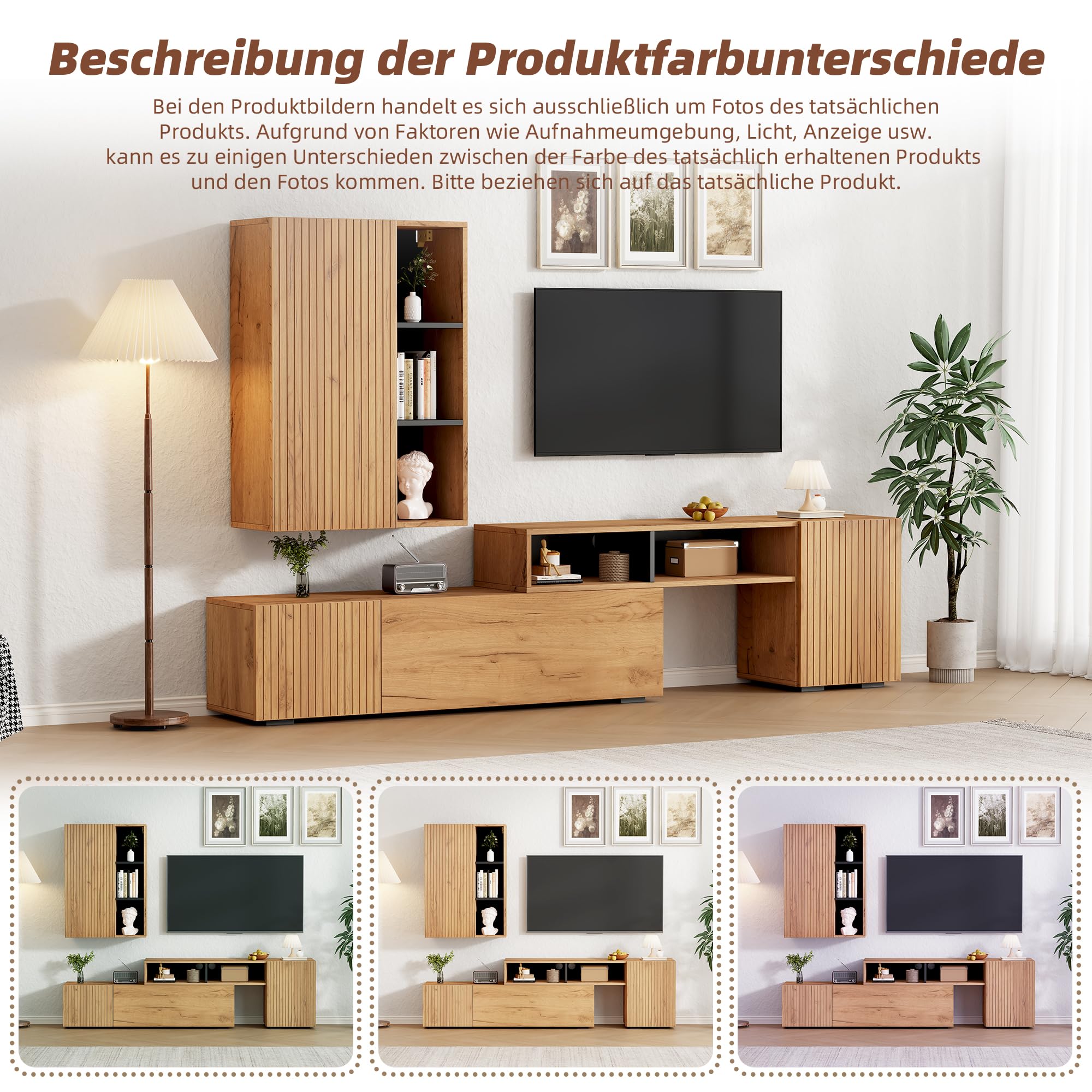 Mueble para salón, mueble de TV, juego de muebles de salón (juego completo, 2 unidades), mueble de TV con vitrina, estantería de pie, longitud flexible, hasta 265 cm, TV de hasta 120
