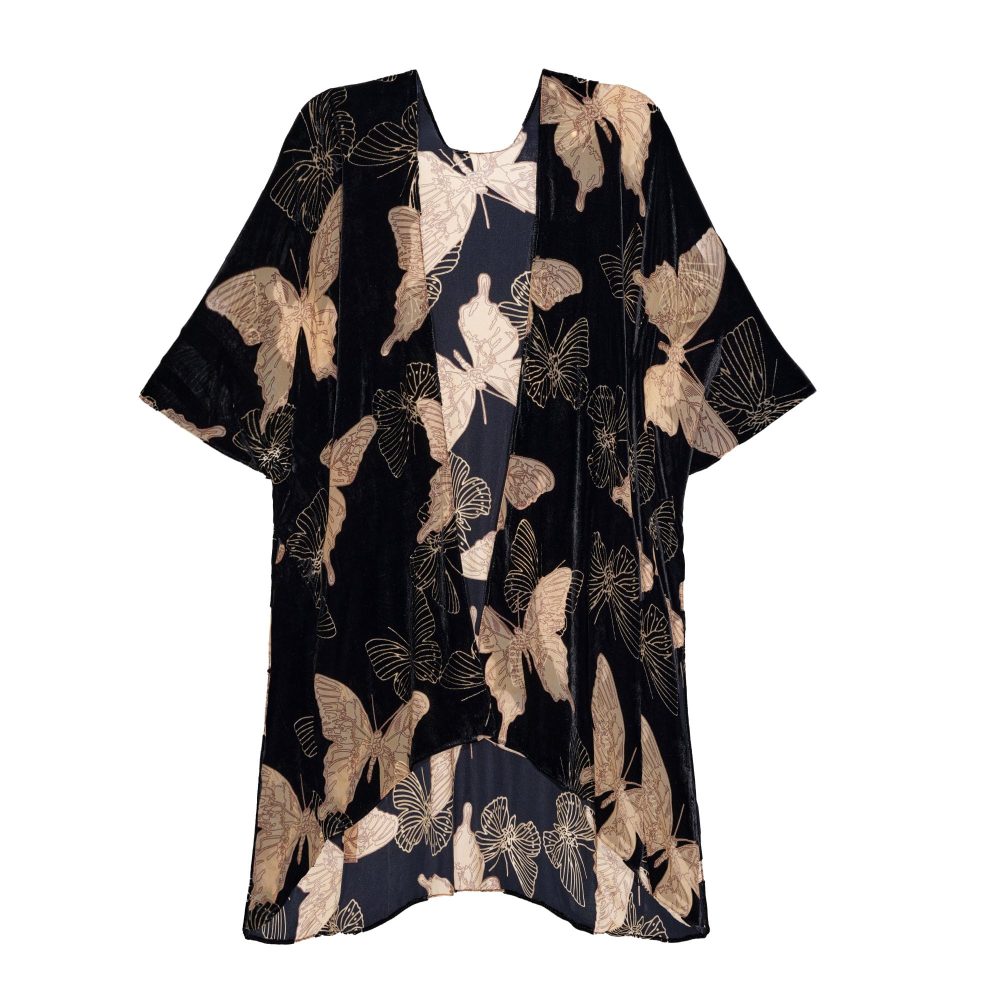 New Year Burnout Velvet Kimono Cardigan for Women Black-Brown Butterfly Elegant and Retro Swimsuit Cover-Up 1 Size Fits