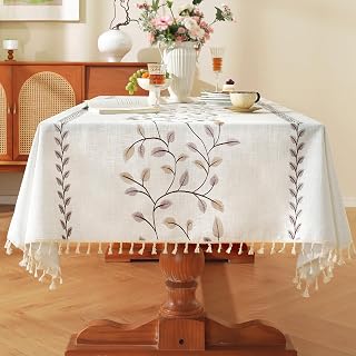 Laolitou Table Cloth Rectangle, Leaf Embroidery Heavy Duty Cotton Linen Fall Tablecloth, Farmhouse Rustic Waterproof Wrinkle Free Tablecloths with Tassels, Coffee Vine, 55×75 Inch