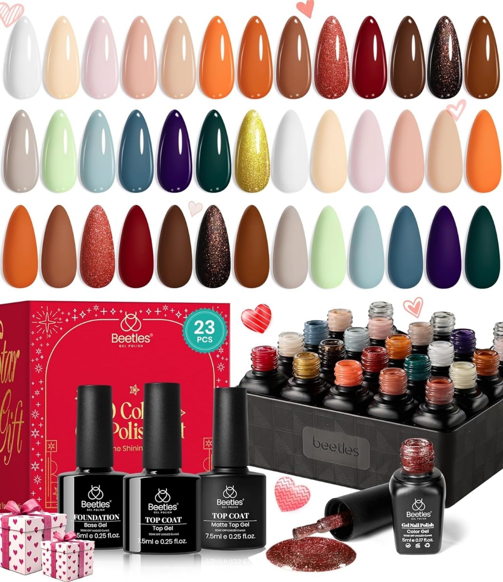 beetles Gel Polish 23Pcs Nail Kit Winter Spring Colors with Base Top Coat Reason and Romance Orange Brown Burgundy Red Gray Golden Soak off UV Manicure Set Mother's Day Gifts for Women