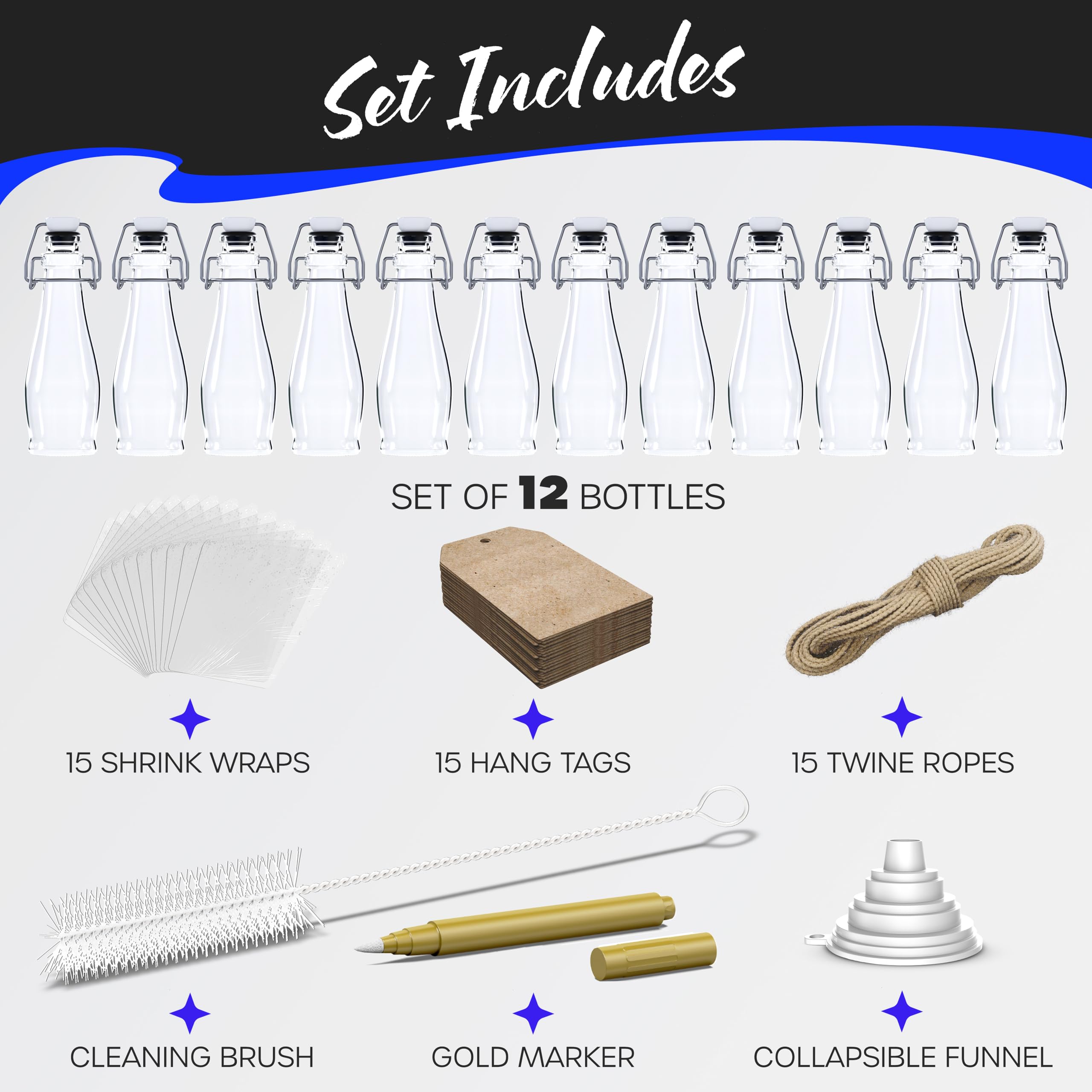 Nevlers Paquete de 12 botellas de vidrio con tapa abatible de 250 ml, botellas de vidrio transparentes con tapa, embudo plegable, cepillo de limpieza y marcador dorado, para uso como tarros de