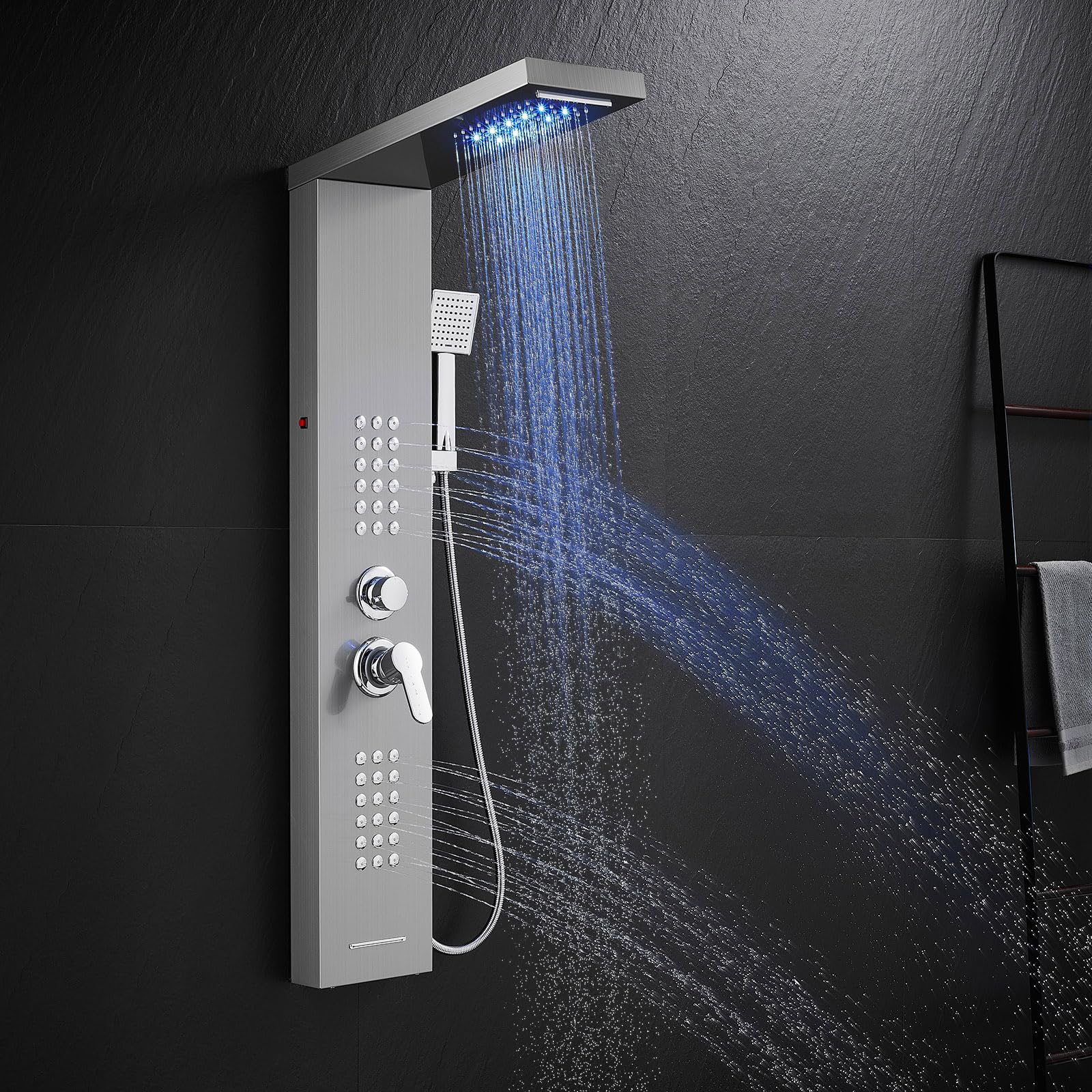 KINKIBOS Shower Tower Panel with Mixer, 5 Modes Shower Column: LED Rain＆Waterfall, Body Massage Jets, Handset and Bath Spout, Stainless Steel Shower Panel Brushed