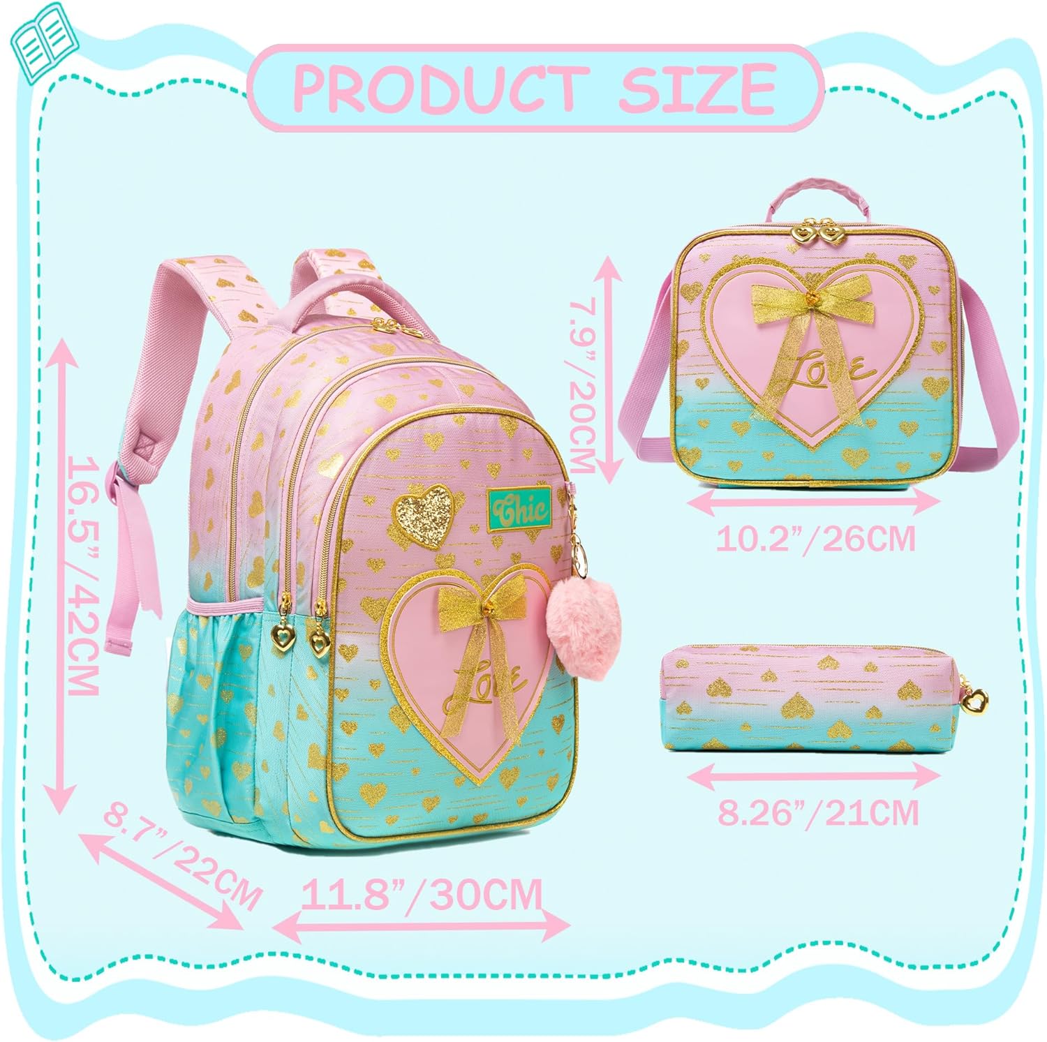Meetbelify Kids Backpacks for Girls Backpacks for School Kids Canvas Travel Laptop Backpack with Lunch Box for Elementary Students Girls Back to School Bookbag Ages 8-10